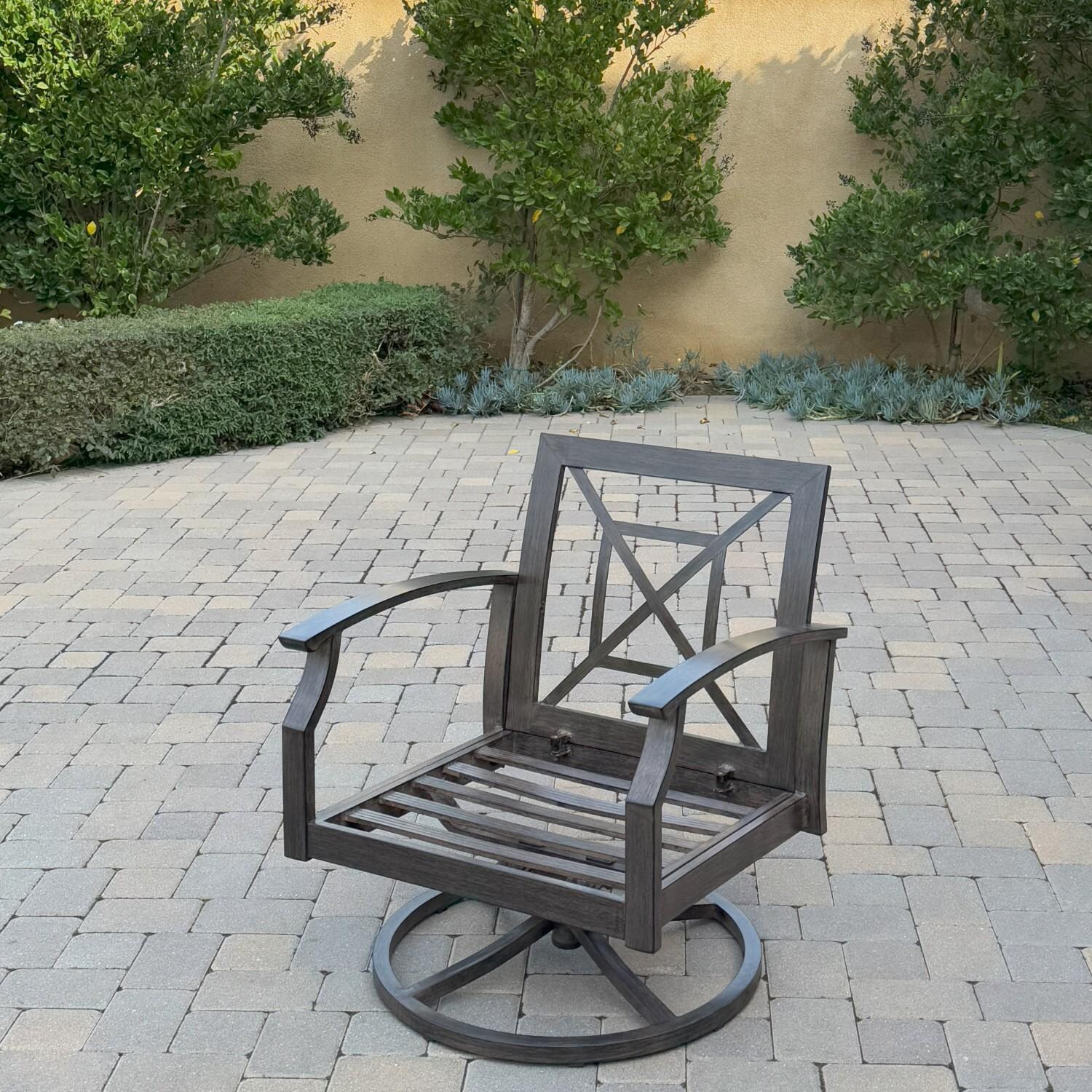 Atlantis 2 Pc Aluminum Swivel Rocker Club Chair Set in Walnut/Beige by Darlee - Chair w/o Cushion Angled - Lifestyle thumbnail