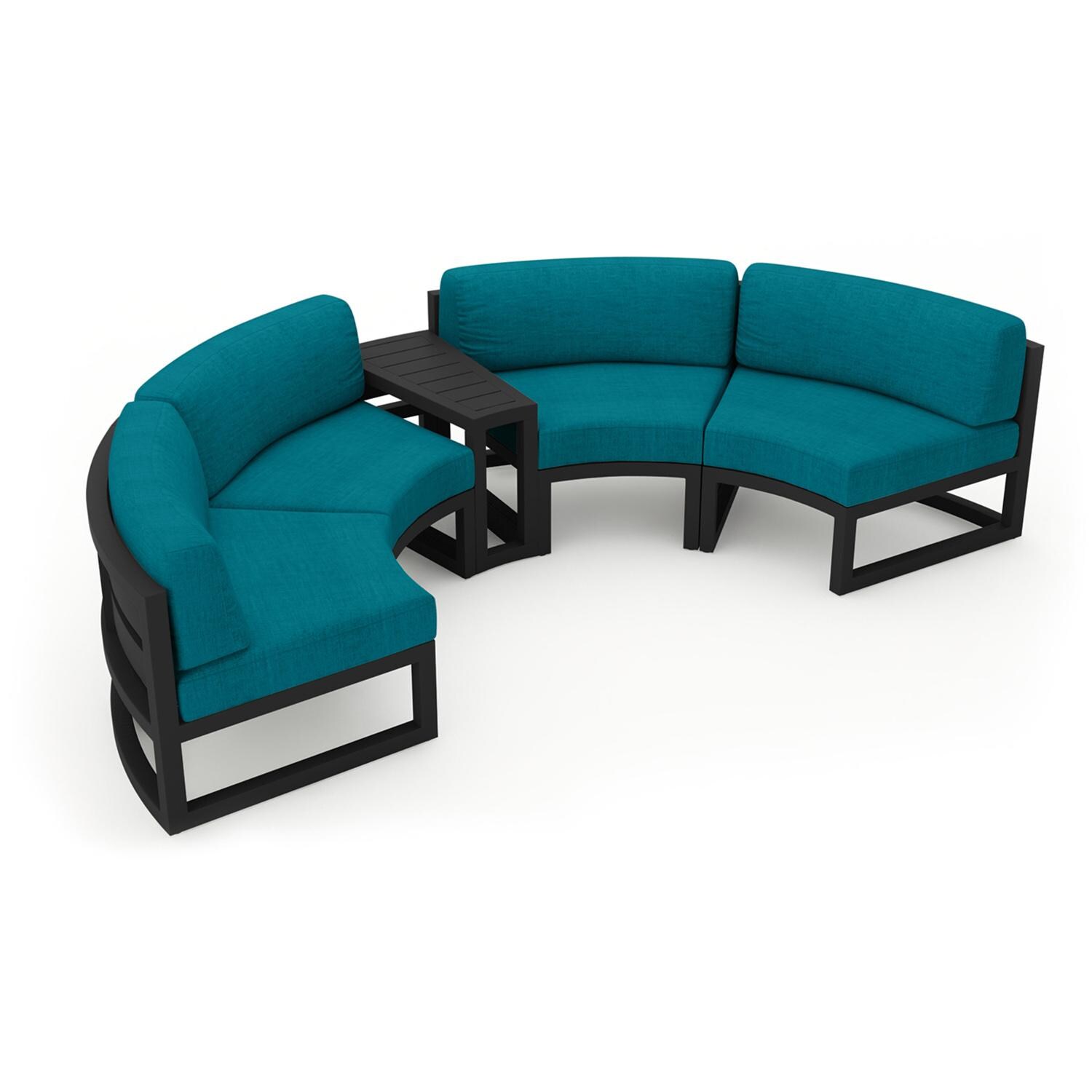 Lakeview MSTYCV-BK-3CSEC-PC Misty Cove 3 Pc Aluminum Curve Sectional Set in Black w/Wedge End Table & Spectrum Peacock Cushions by Lakeview Outdoor Designs - Set Angled View - White Background thumbnail