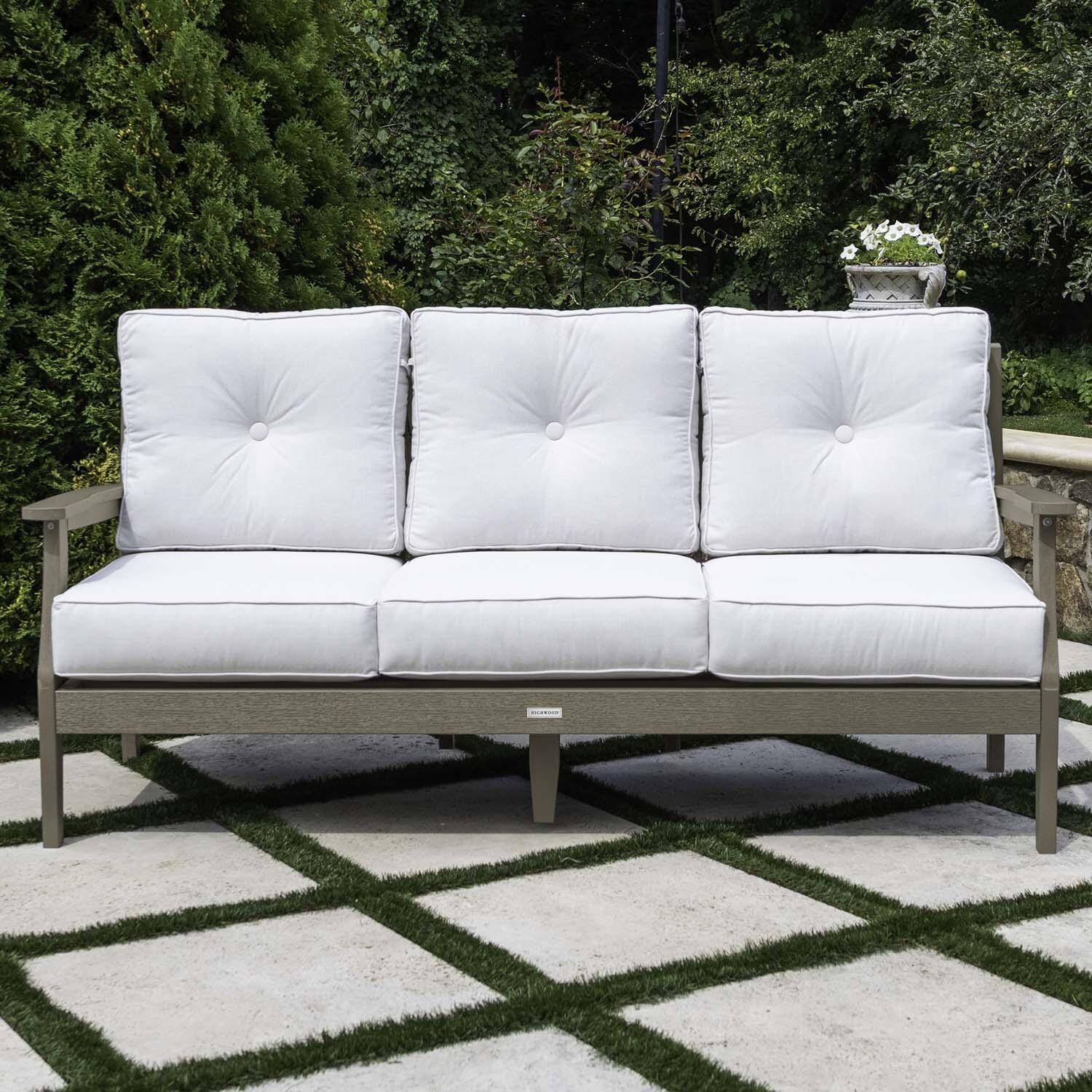 Blushing Bay 3 Person Recycled Plastic Sofa in Bliss Linen/Woodland Brown by Lakeview Outdoor Designs