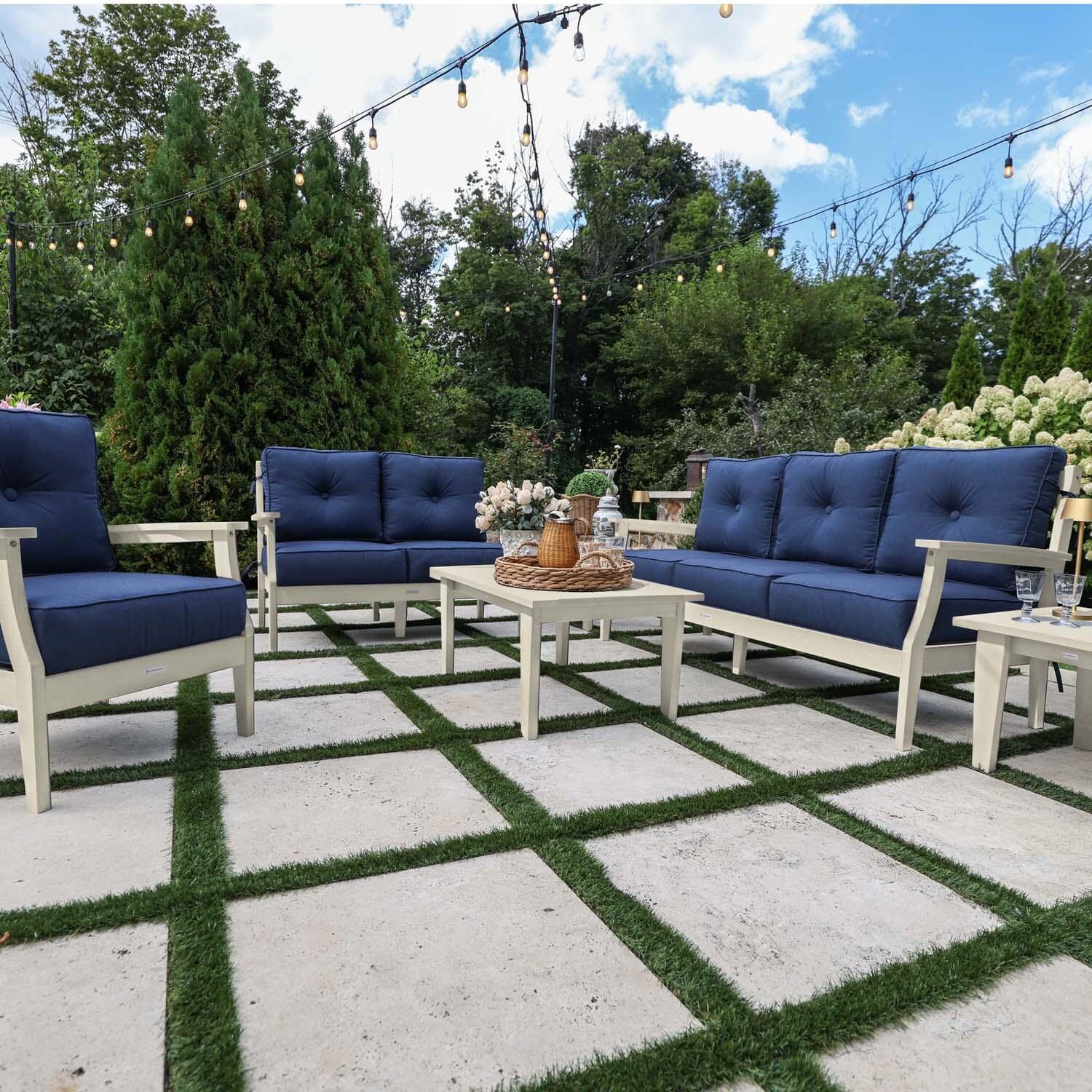 Blushing Bay 6 Pc Recycled Plastic Grand Seating Set in Spectrum Indigo/Whitewash by Lakeview Outdoor Designs - Front View - Lifestyle thumbnail