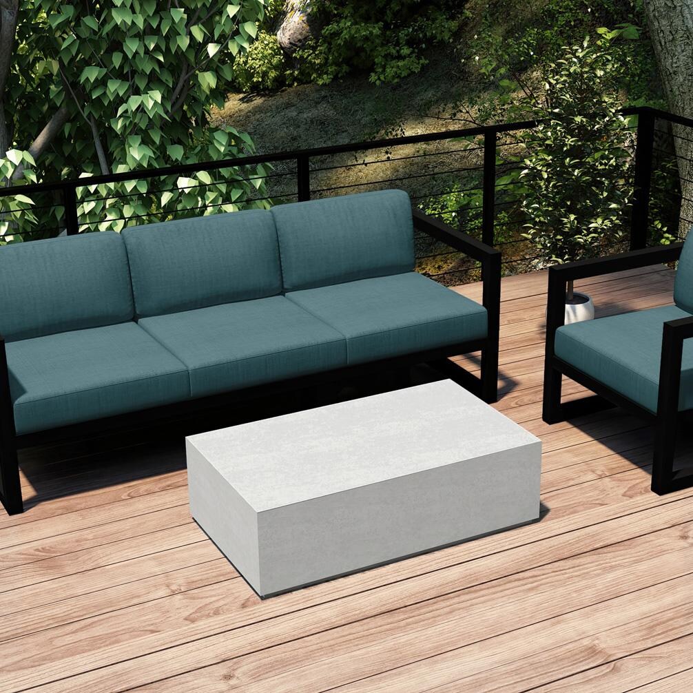 Misty Cove 3 Pc Aluminum Seating Set w/ Sofa & Long Coffee Table in Black/Cast Lagoon by Lakeview Outdoor Designs