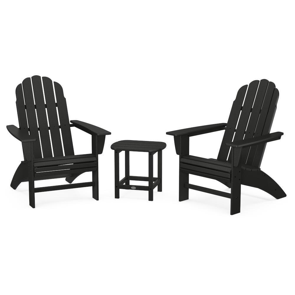 Vineyard 3 Pc Recycled Plastic Curveback Adirondack Seating Set w/ South Beach End Table in Black by POLYWOOD