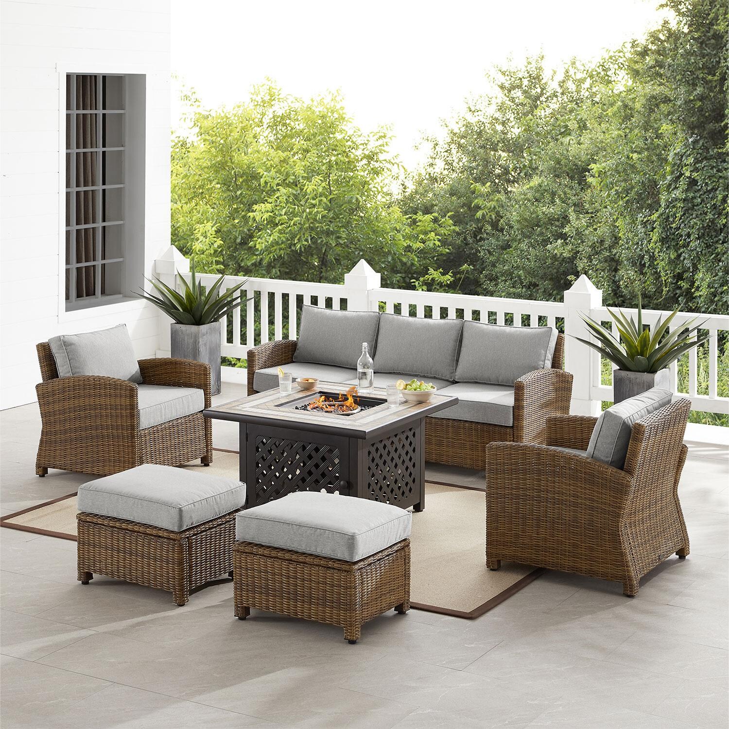 Branchwood 6 Pc Wicker Fire Pit Seating Set in Weathered Brown/Gray by Ultimate Patio