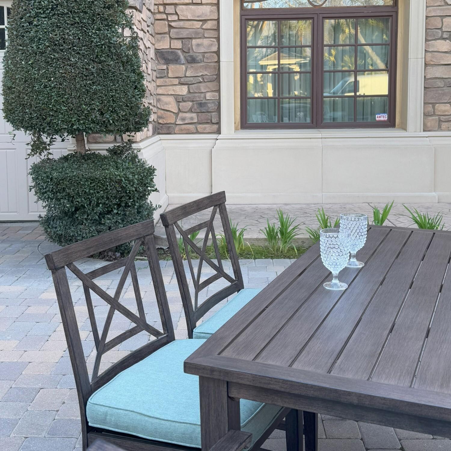 Atlantis 8 Pc Aluminum Dining Set w/ 2 Dining Side Chairs, 4 Swivel Rocker Dining Arm Chairs & Two Person Bench in Walnut/Spa by Darlee - Chairs At Table - Lifestyle thumbnail