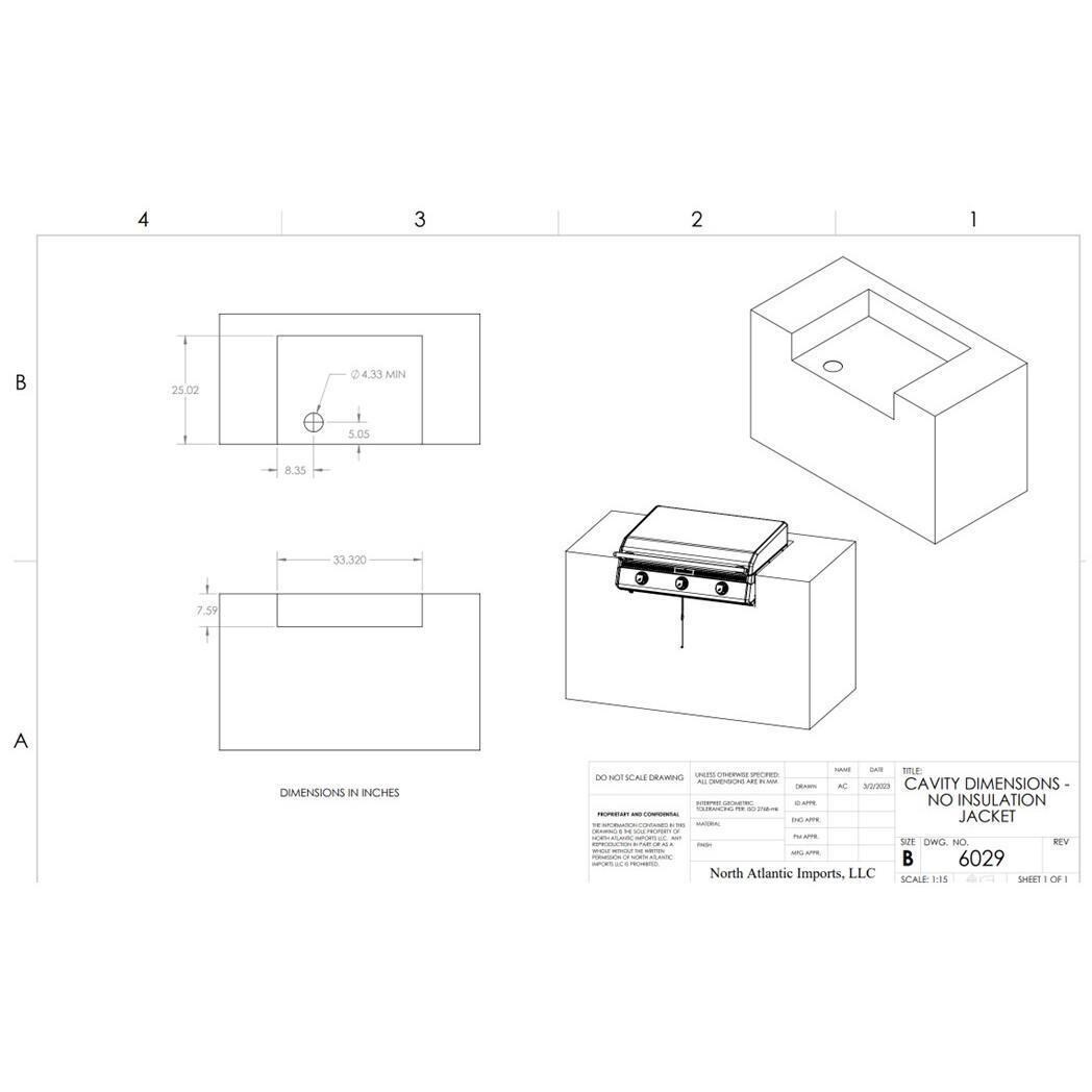 Blackstone 6332 28-in XL Built-In Propane Griddle w / Hood - Cut Out - Dimensional thumbnail