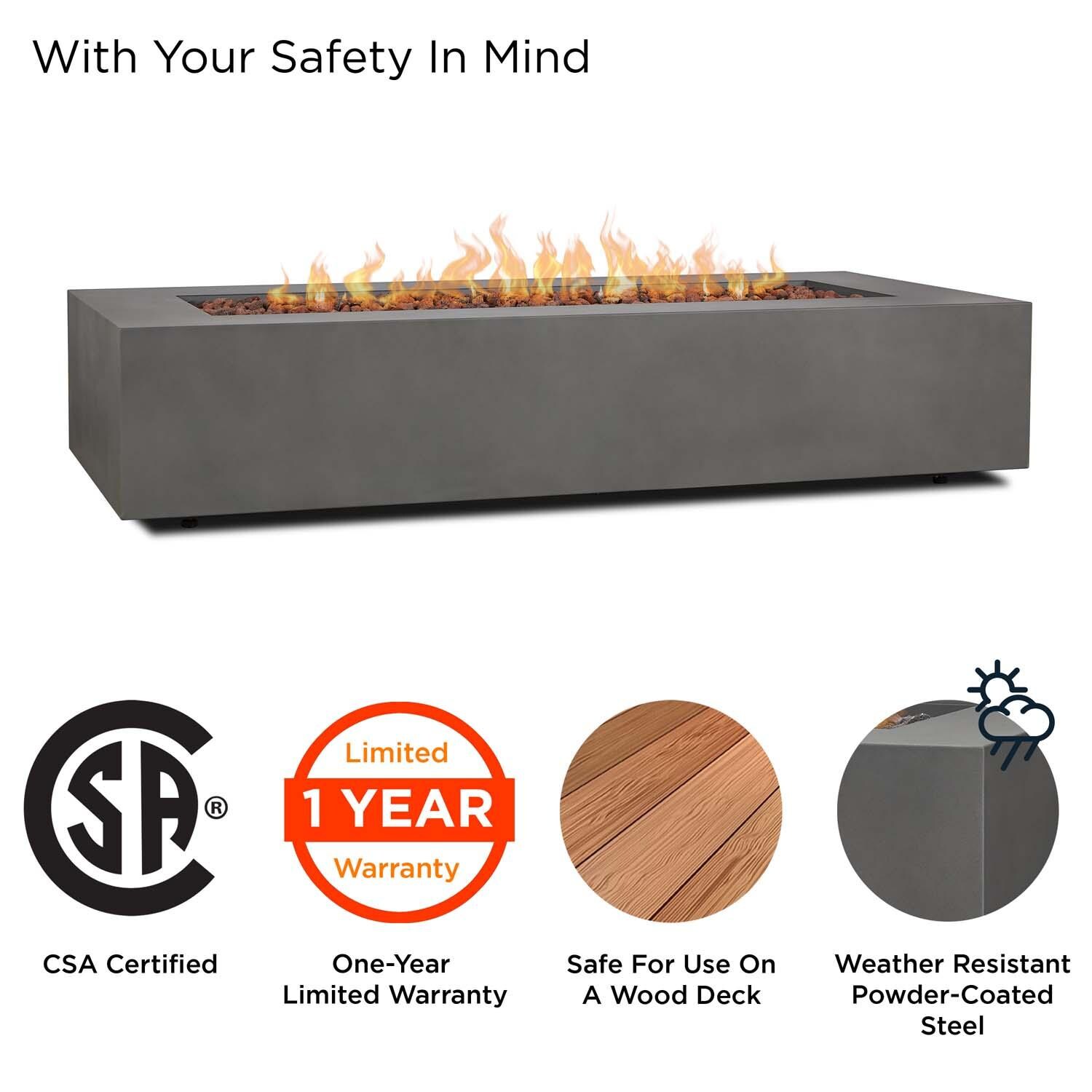 Elysian 70 Inch Rectangular Powder Coated Steel Propane Fire Pit Table in Weathered Slate by Lakeview Outdoor Designs - Safety thumbnail