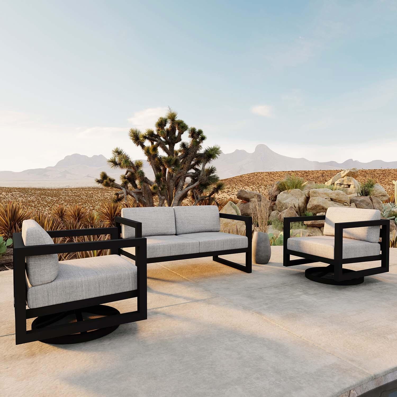Misty Cove 3 Pc Aluminum Loveseat Seating Set w/ Swivel Chairs in Black/Cast Silver by Lakeview Outdoor Designs - Angled - Lifestyle thumbnail