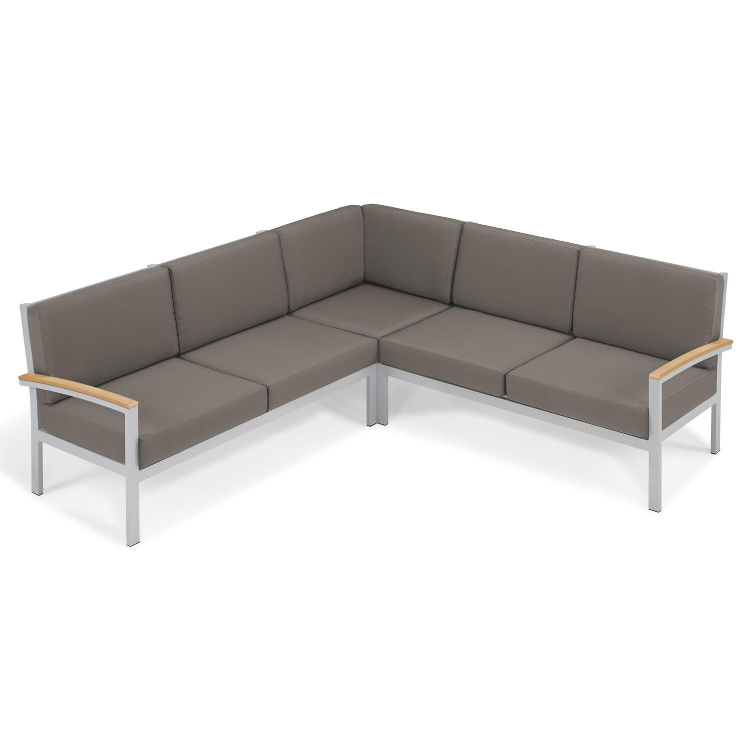 Oxford Garden Travira 2 Person Aluminum Modular Right Loveseat W/ Natural Tekwood Arm Caps in Flint/Stone - V-Shaped Sectional thumbnail