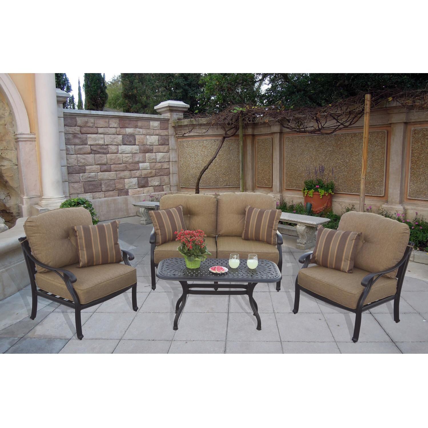 Darlee B/DL603-4PC-60BP Nassau 4 Piece Cast Aluminum Patio Conversation Set W/ 42 X 21 Inch Coffee Table & Sesame Cushions - Lifestyle thumbnail