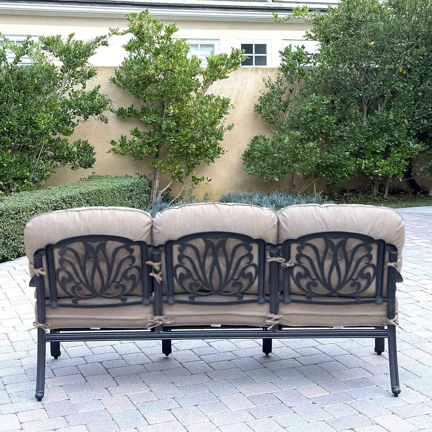 Darlee Elisabeth 6 Pc Cast Aluminum Fire Pit Sofa Seating Set w/ 47 Inch Table & Throw Pillows in Antique Bronze/Beige - Sofa Back - Lifestyle thumbnail