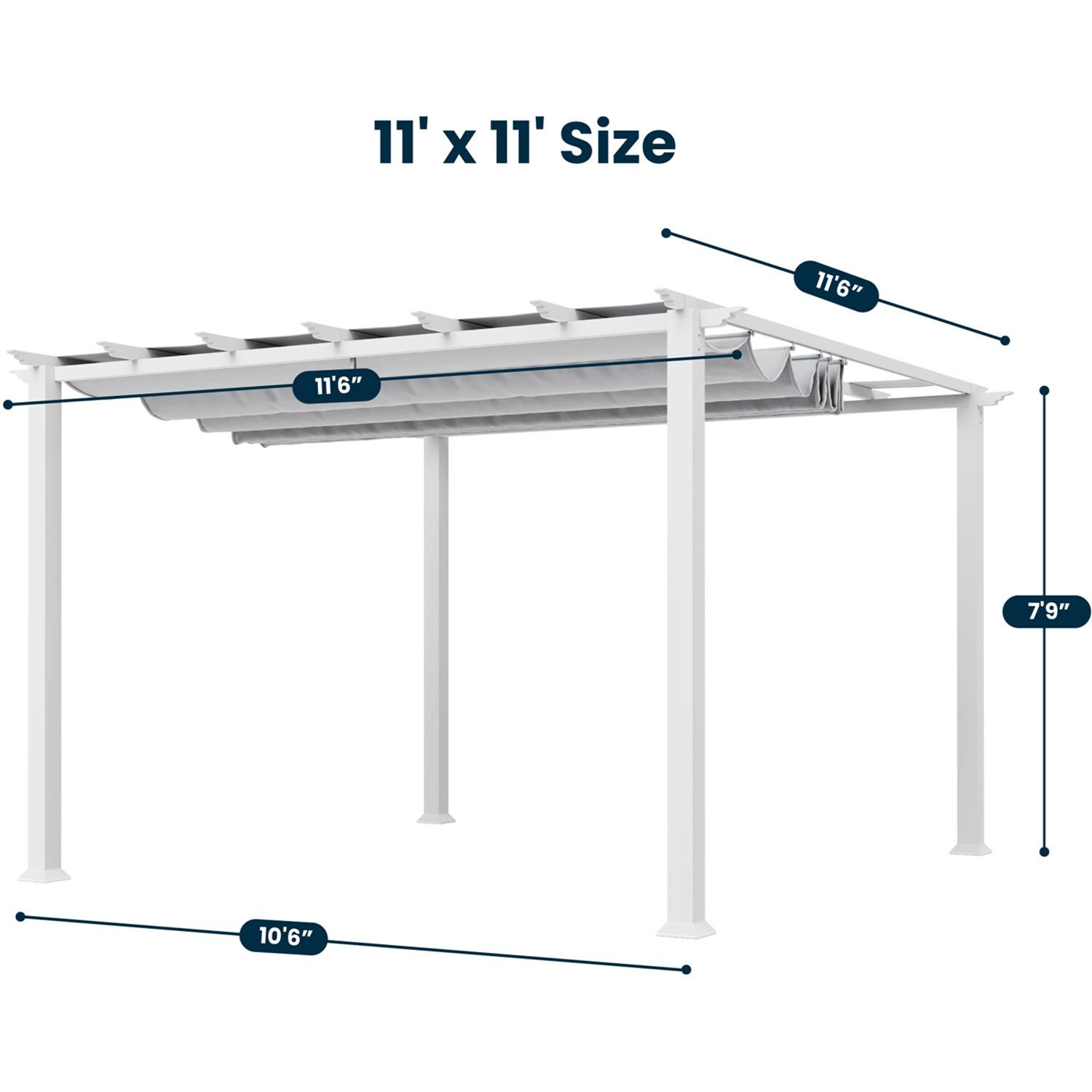Paragon Outdoor PR11WTG Florence 11' x 11' White Pergola w/ Gray Canopy - Dimensions - Dimensional thumbnail