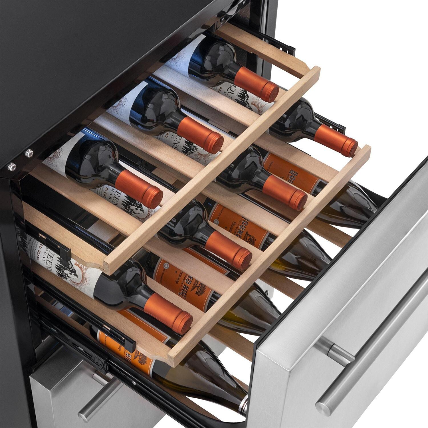 Newair NOF100SS00 24-Inch Built-in 20 Bottle & 80 Can Dual Drawer Wine & Beverage Fridge - Wine Rack in Use thumbnail