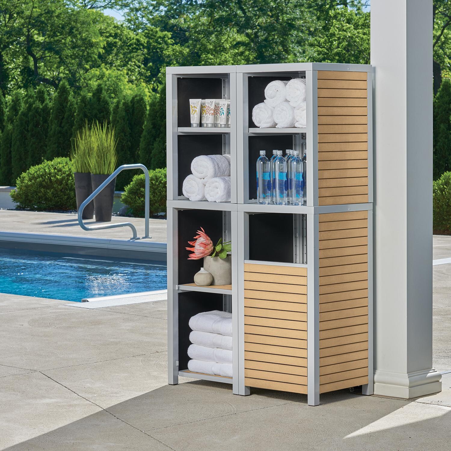 Oxford Garden Travira Natural Tekwood Shelf - 3 Shelves & 1 Receptacle thumbnail