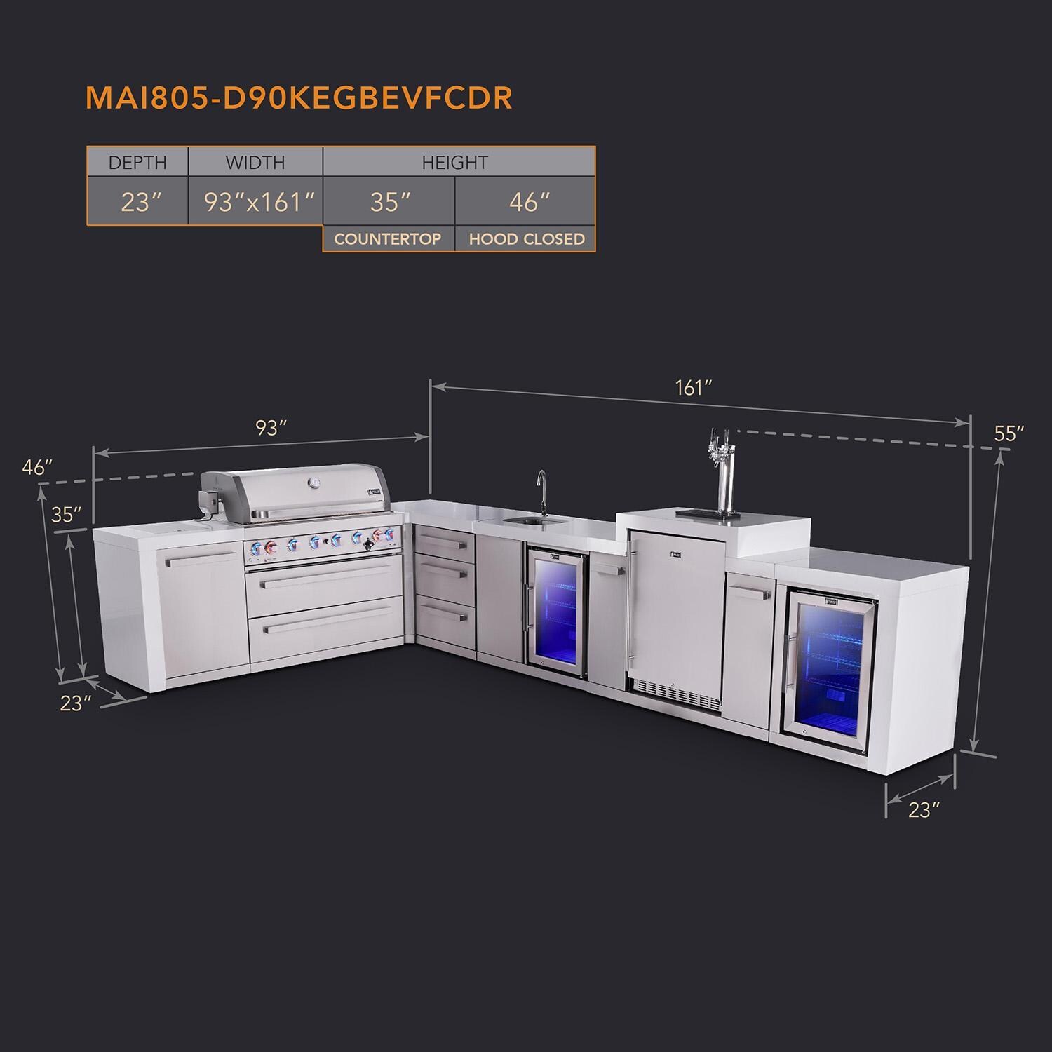 Mont Alpi Deluxe Series 12 Ft Propane Outdoor Kitchen Island w/ 32-in Grill, Side Burner, Beverage Center, Kegerator, Fridge & Triple Drawer - MAi805-D90KEGBEVFCDR - Dimensions - Dimensional thumbnail