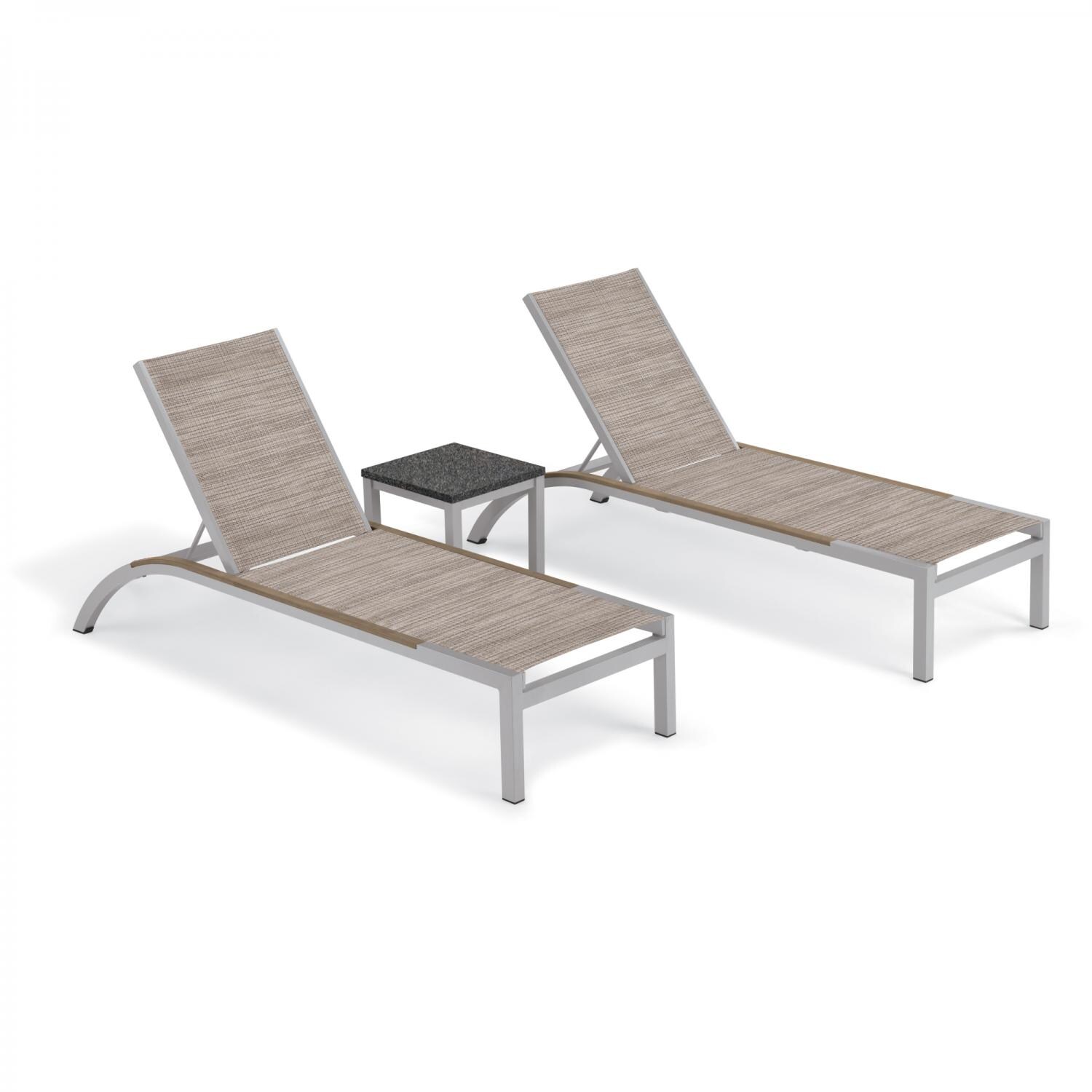 Argento 3 Piece Aluminum Patio Chaise Lounge Set W/ Tekwood Vintage Side Rails & Lite-Core Charcoal End Table By Oxford Garden - Bellows Sling image