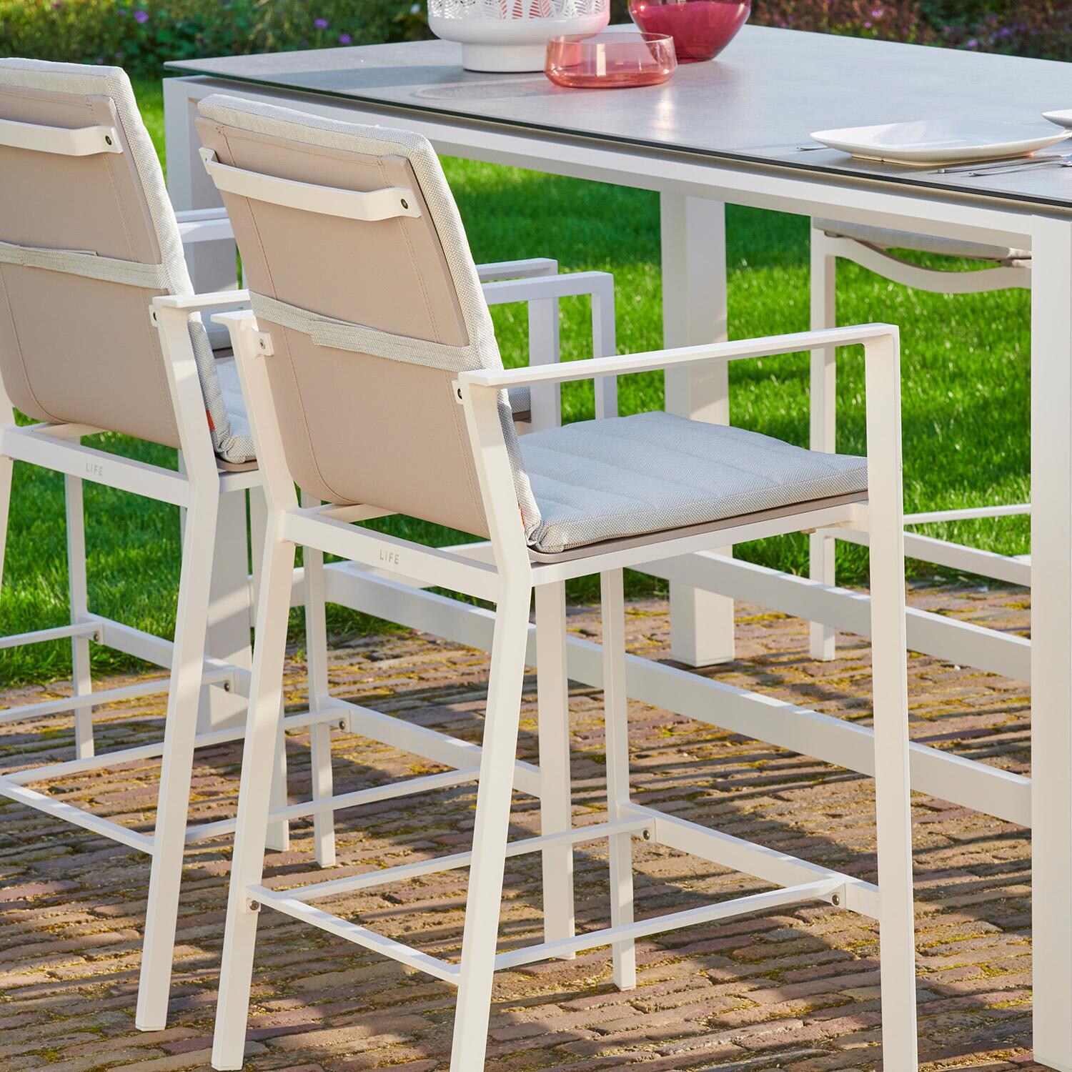 Primavera 7 Pc Aluminum Bar Set w/ Concrete Look Ceramic Tabletop in White / Mouse Grey - Chair Up Close - Lifestyle thumbnail