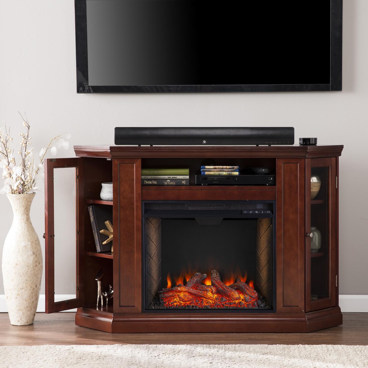Southern Enterprises FS9310 Claremont 48-Inch Electric Fireplace Corner Convertible Mantel W/ Alexa-Enabled Smart Firebox - Cherry thumbnail