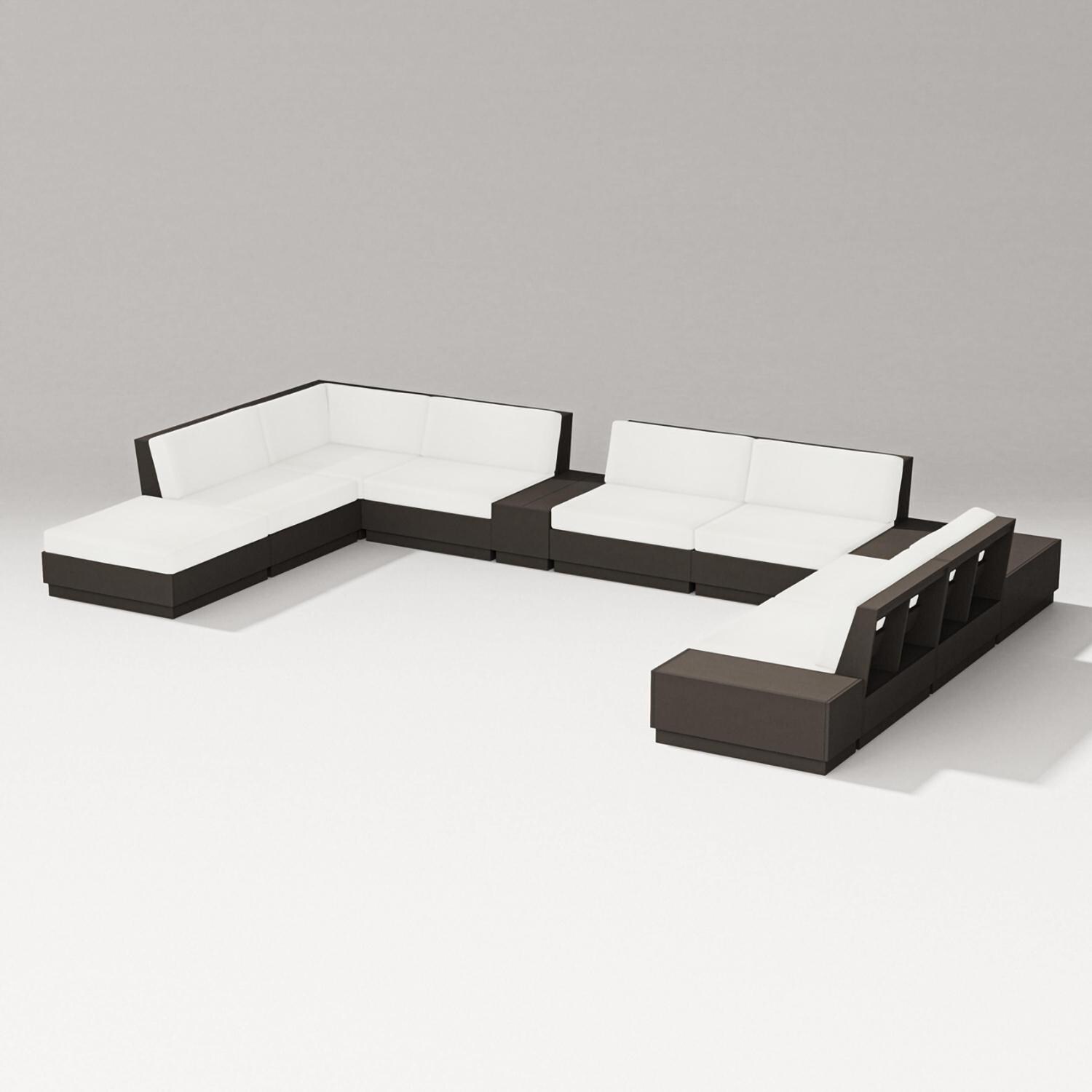 Elevate 11 Pc Recycled Plastic Sectional Seating Set in Vintage Coffee/Natural Linen By PW Designer Series