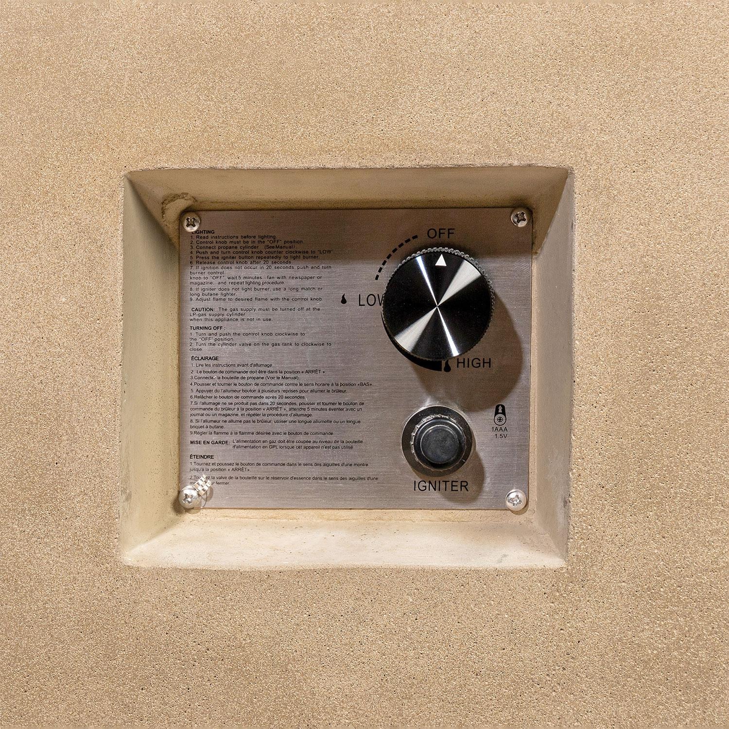 Glenwood 42-in Square Concrete Propane Fire Pit w/ Hidden Propane Tank in Sand by Lakeview Outdoor Designs - Burner Switch - Detail thumbnail