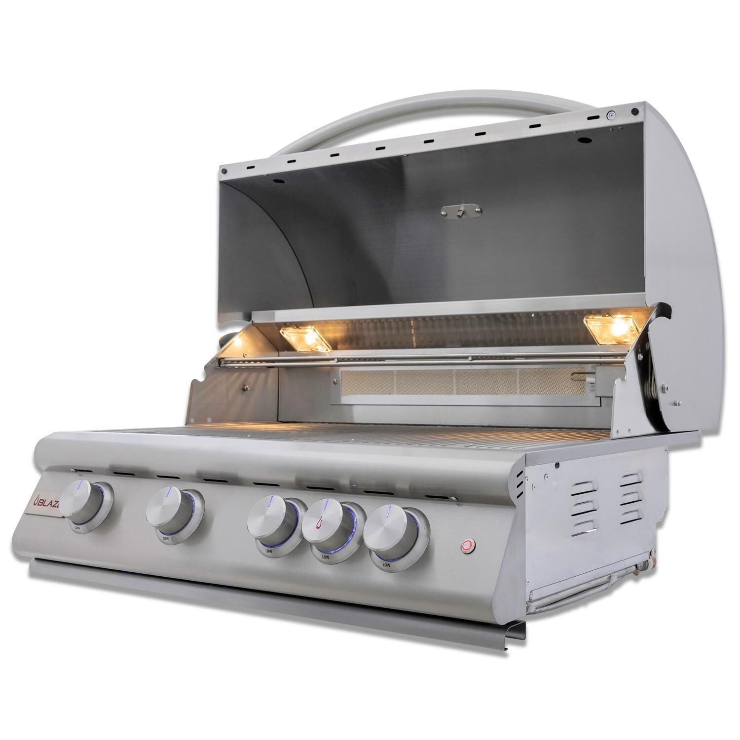 Blaze BLZ-4LTE3-NG LTE+ 32-in 4-Burner Built-In Natural Gas Grill w/ Rear Infrared Burner & Lift-Assist Hood - Angled View - Open - White Background thumbnail