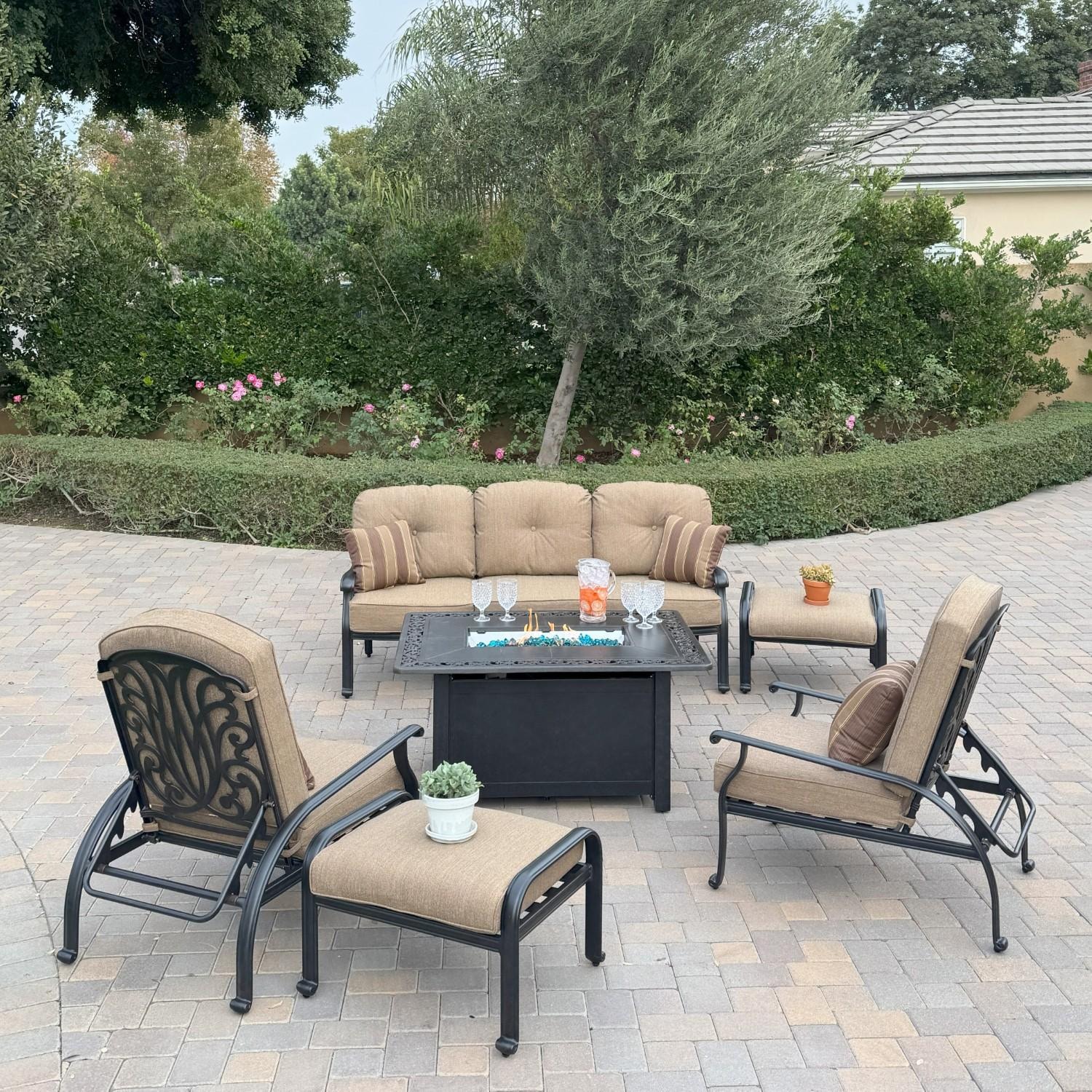 Elisabeth 6 Pc Set Cast Aluminum Seating Set w/ 49 X 35 Inch Fire Pit Table w/ Adjustable Club Chair, Sofa, and Ottoman in Sesame/Antique Bronze by Darlee - Hero - Lifestyle thumbnail