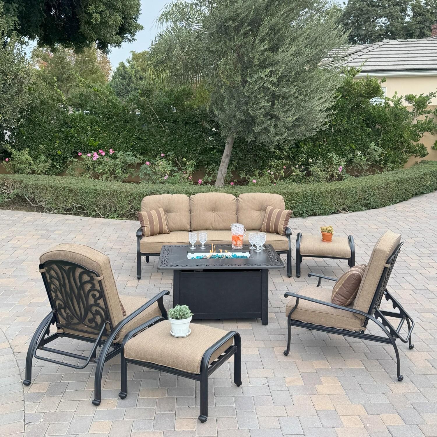 Elisabeth 6 Pc Cast Aluminum Fire Pit Seating Set w/ 2 Adjustable Club Chairs, Sofa, and Ottoman n Antique Bronze/Sesame by Darlee