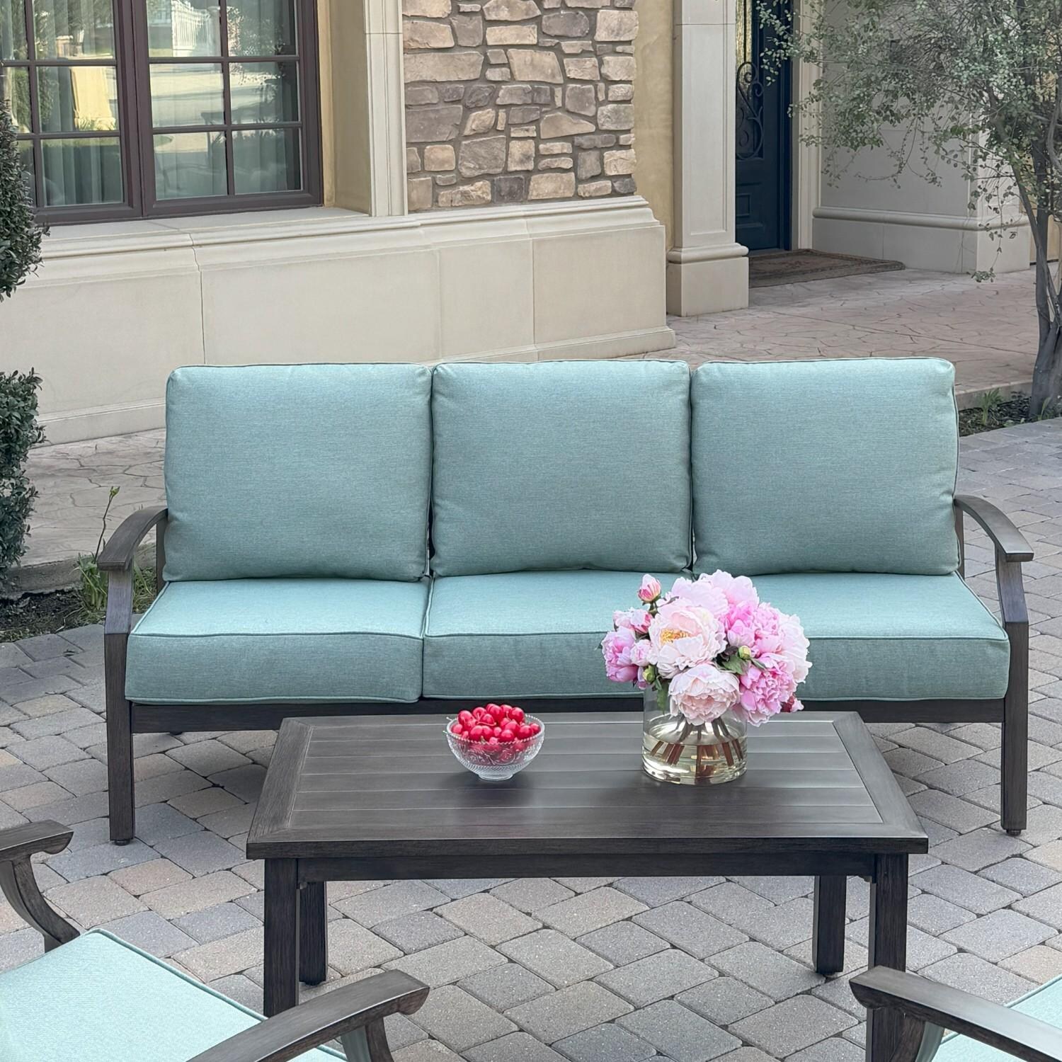 Atlantis 4 Pc Aluminum Seating Set w/ Sofa & 2 Club Chairs in Walnut/Spa by Darlee - Sofa & Table - Lifestyle thumbnail