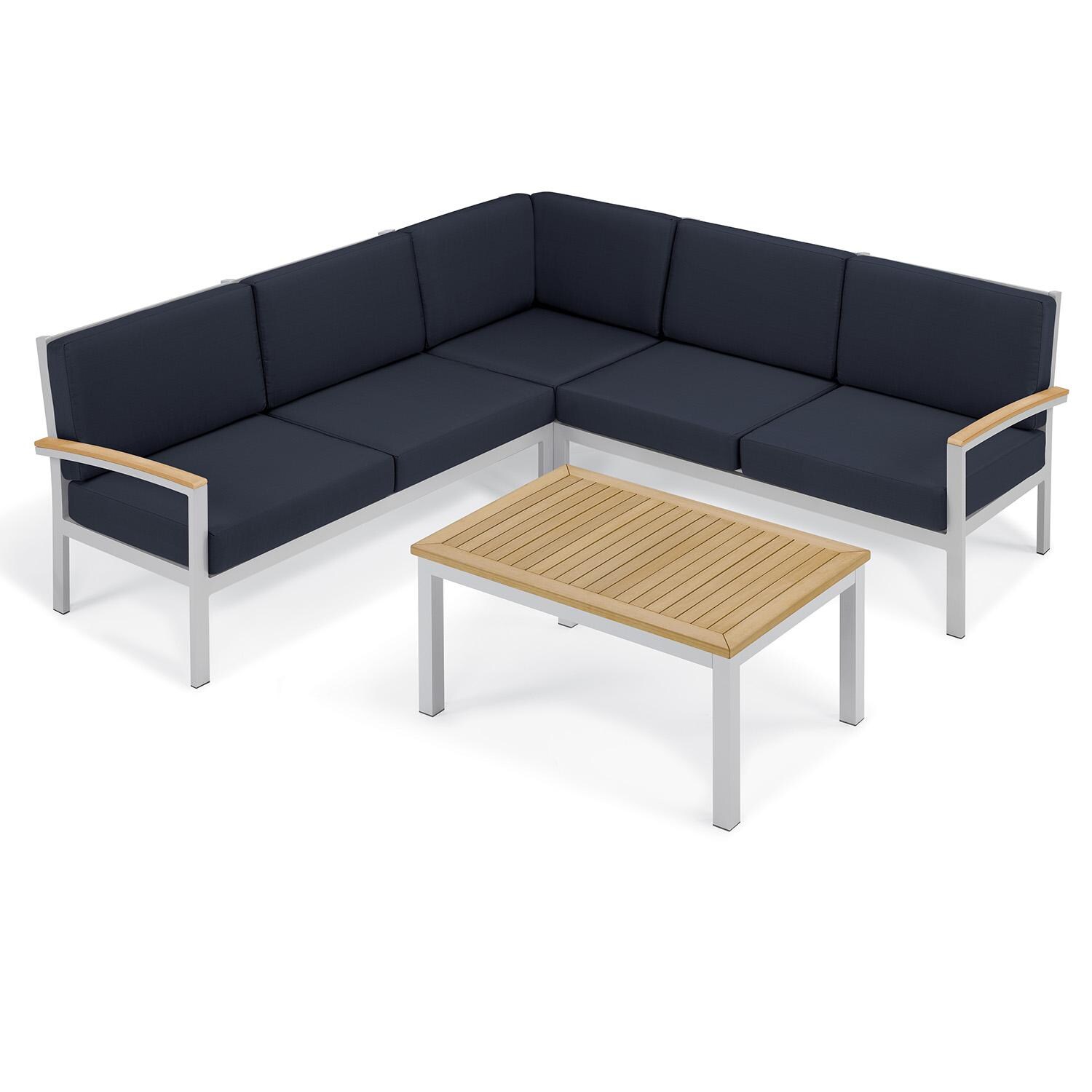 Oxford Garden 5263-PC.F Travira 4 Pc Aluminum Seating Set w/ Coffee Table in Natural Tekwood/ Midnight Blue by Oxford Garden - Set - White Background thumbnail