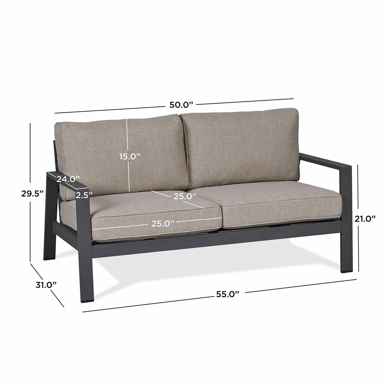 Lakeview Outdoor Designs SC2022WSTA Red Flame Elysian Aluminum Outdoor Two Seat Sofa With Cushions in Weathered Slate - Dimensions thumbnail