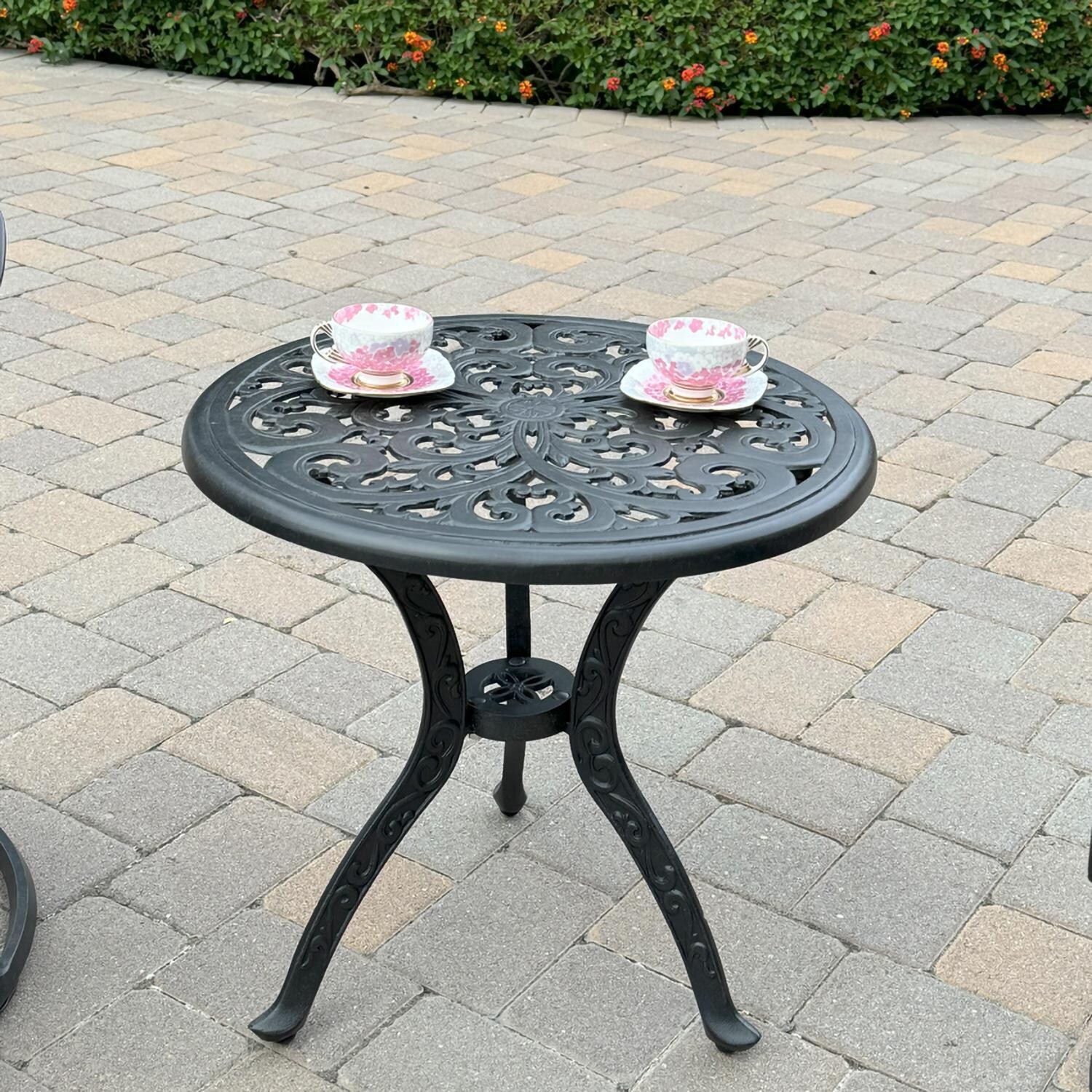 Darlee B/DL2052-3PCR-80A Santa Monica 3 Pc Cast Aluminum Dining Set w/ Round End Table in Antique Bronze - Table Side View - Lifestyle thumbnail