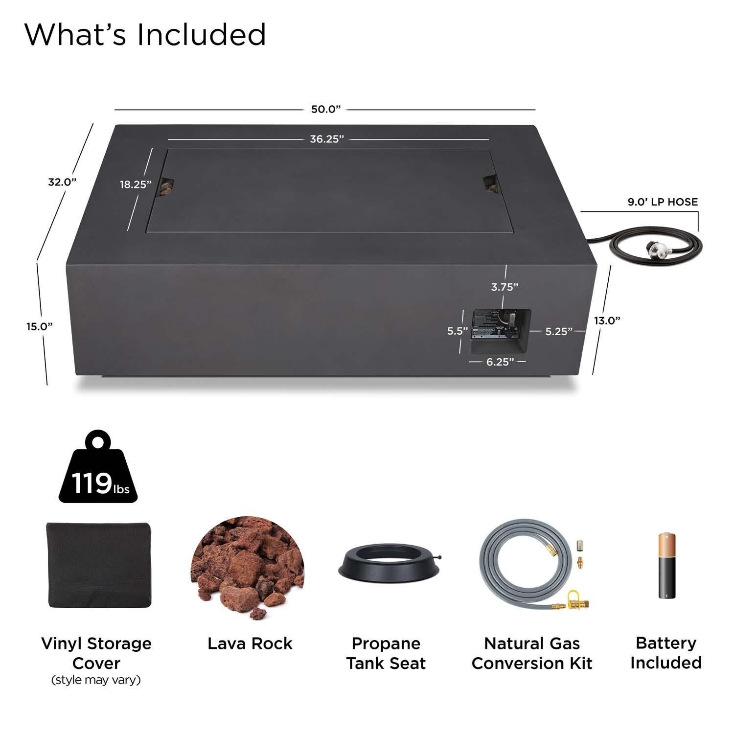 Elysian 50 Inch Rectangular Powder Coated Steel Natural Gas Fire Pit Table in Weathered Slate by Lakeview (Ships Natural Gas w/ Conversion Kit) - Included - Detail thumbnail