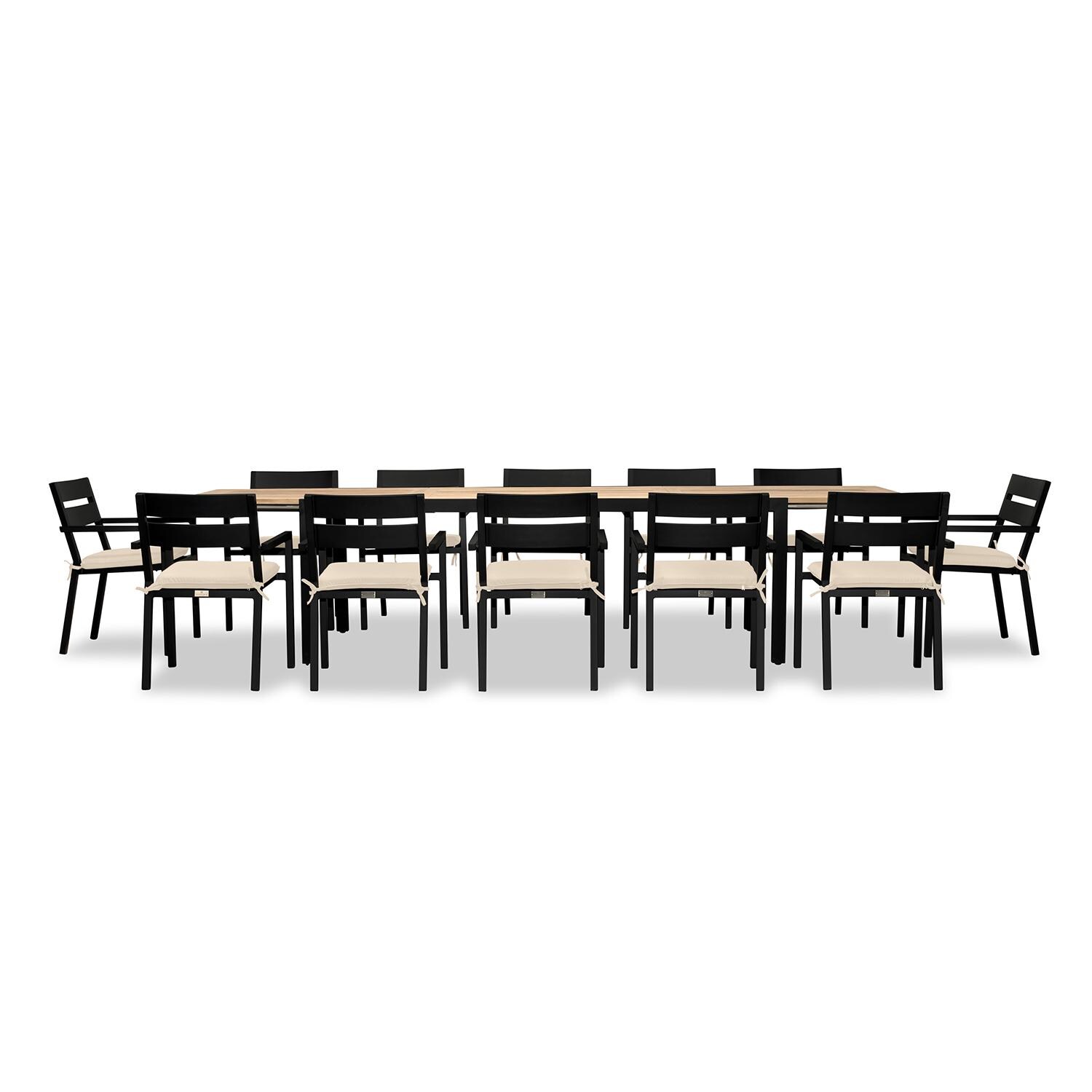 Calm Bay Communal 13 Pc Reclaimed Teak Extendable Dining Set in Black/Canvas Flax by Lakeview - White Background 2 thumbnail