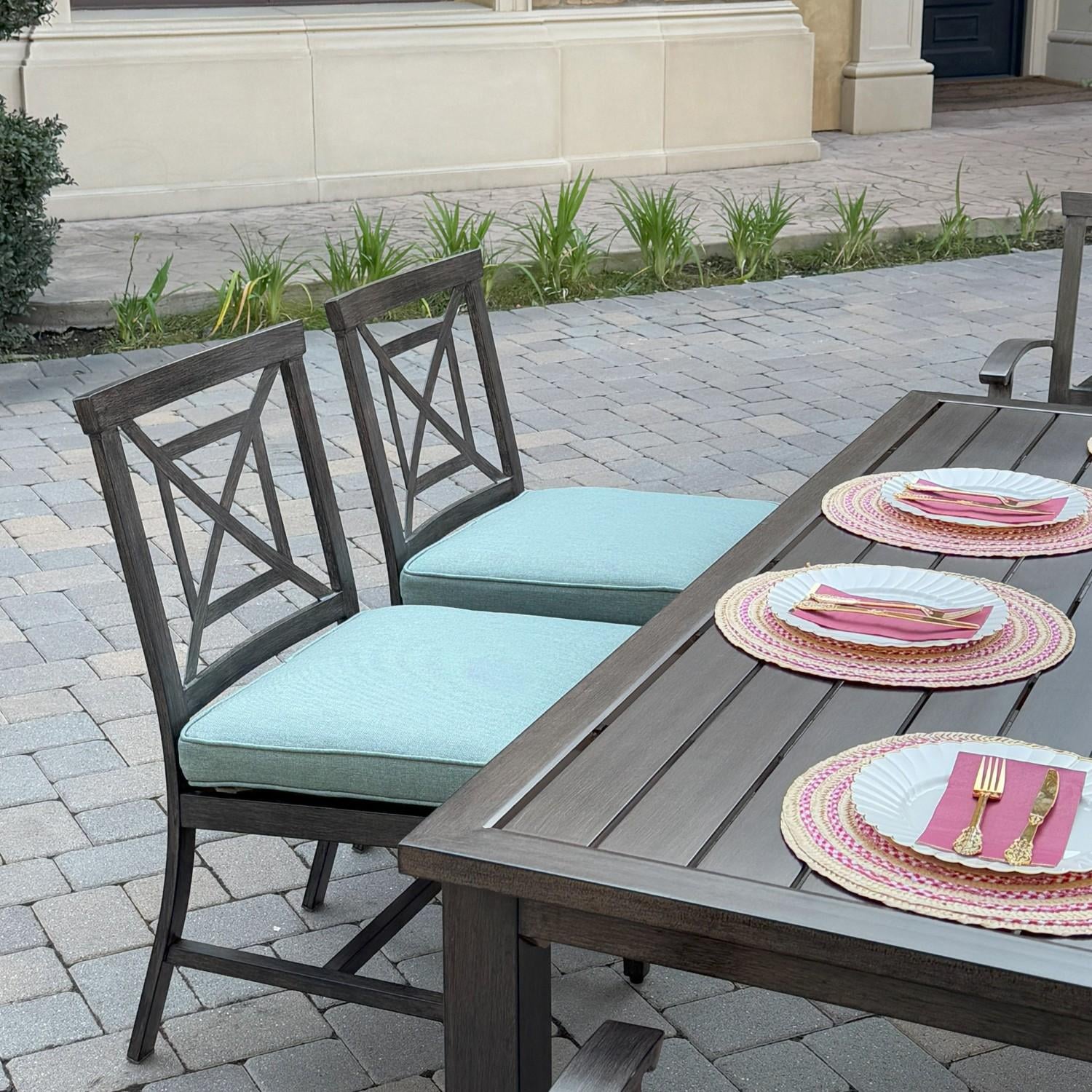 Atlantis 7 Pc Aluminum Dining Set w/ 4 Dining Side Chairs & 2 Swivel Rocker Dining Arm Chairs in Walnut/Spa by Darlee - Chairs At Table - Lifestyle thumbnail