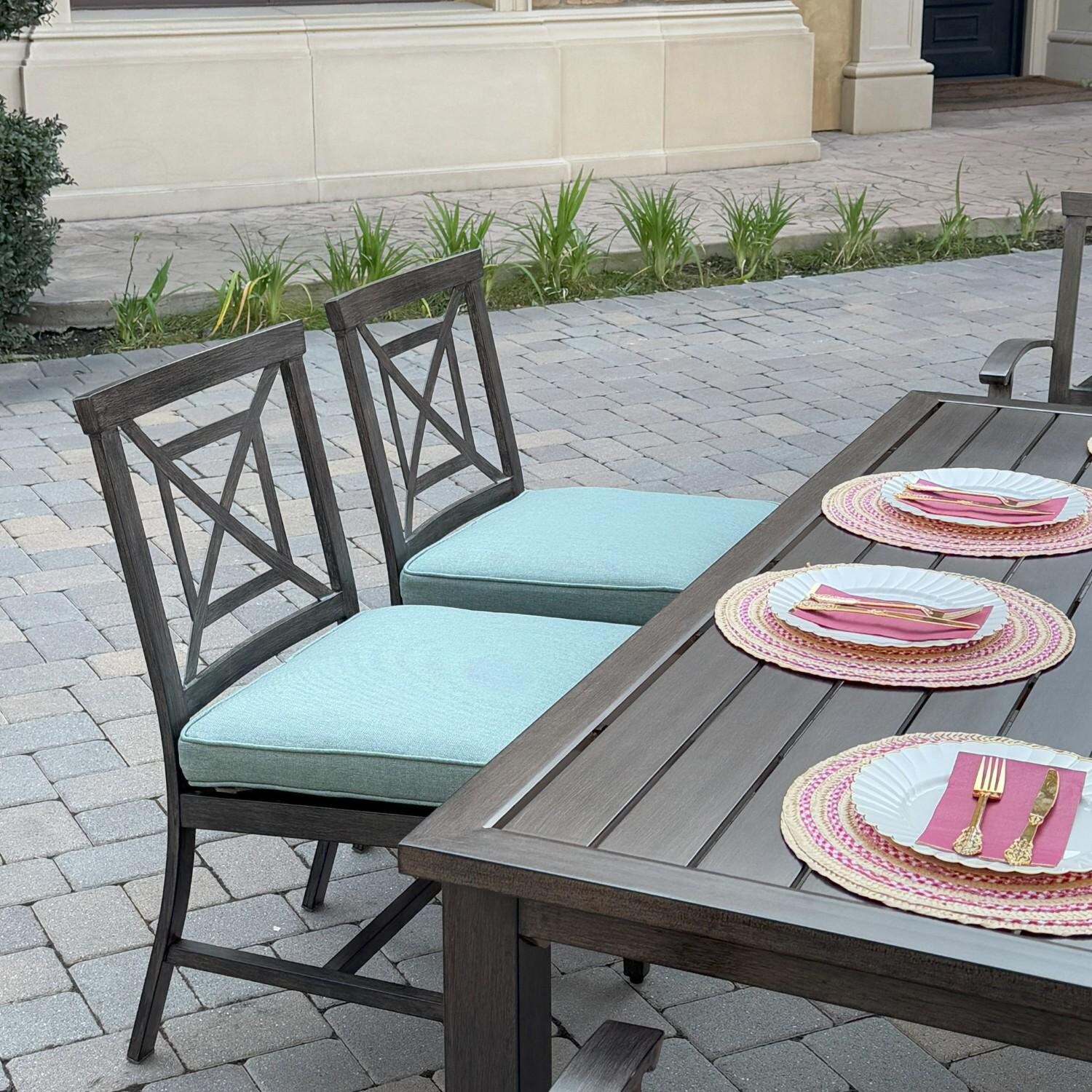 Atlantis 7 Pc Aluminum Dining Set w/ 4 Dining Side Chairs & 2 Swivel Rocker Dining Arm Chairs in Walnut/Spa by Darlee - Chairs At Table - Lifestyle thumbnail