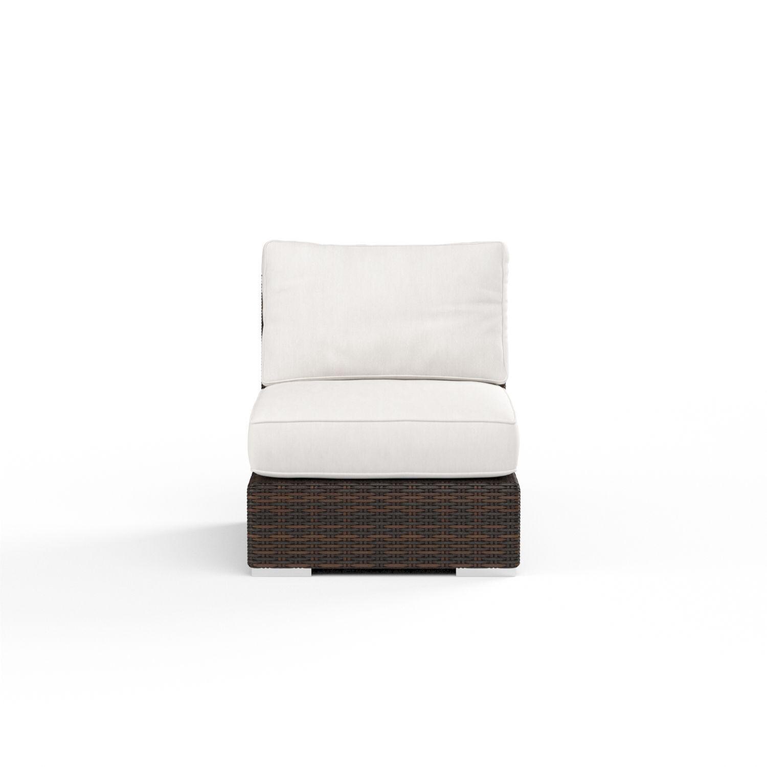 Montecito Wicker Patio Armless Club Chair W/ Sunbrella Canvas Flax Cushions By Sunset West - Front View - White Background thumbnail