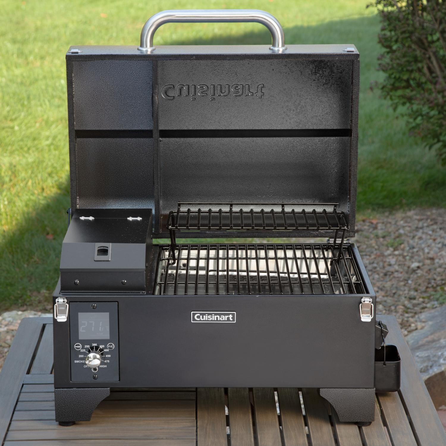 Cuisinart CPG-256 24-Inch Portable Wood Pellet Grill & Smoker - Open Hood Outside thumbnail
