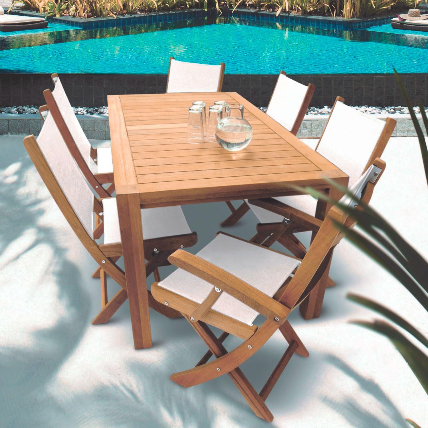 Sailmate 7 Piece Teak Patio Dining Set W/ 63 X 35 Inch Rectangular Table By Royal Teak Collection - White Sling