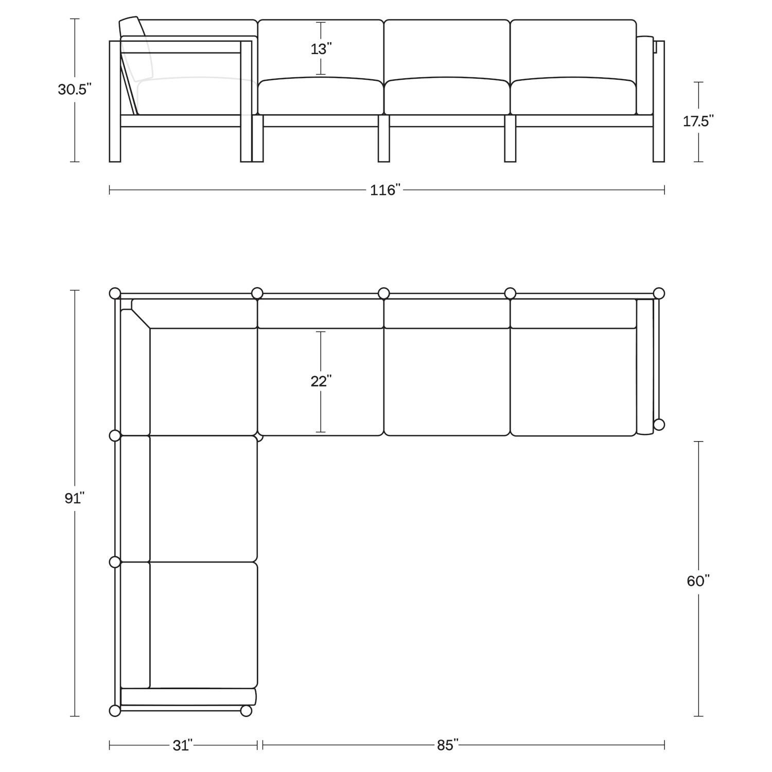 Neighbor SECT1 - CA 6 Piece Sectional W/ Sunbrella Cushion Arms - Dimensions thumbnail