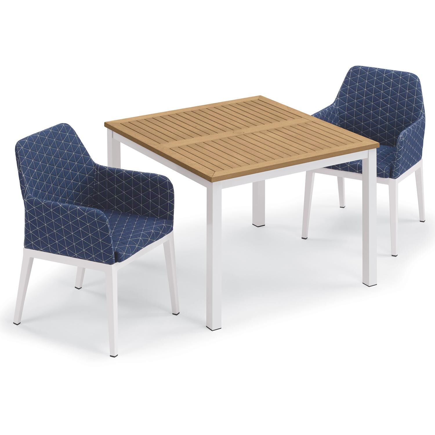 Oxford Garden Oland 3 Pc Aluminum Dining Set W/ Natural Tekwood Table Top in Chalk/Quilted Spectrum Indigo - Top View thumbnail
