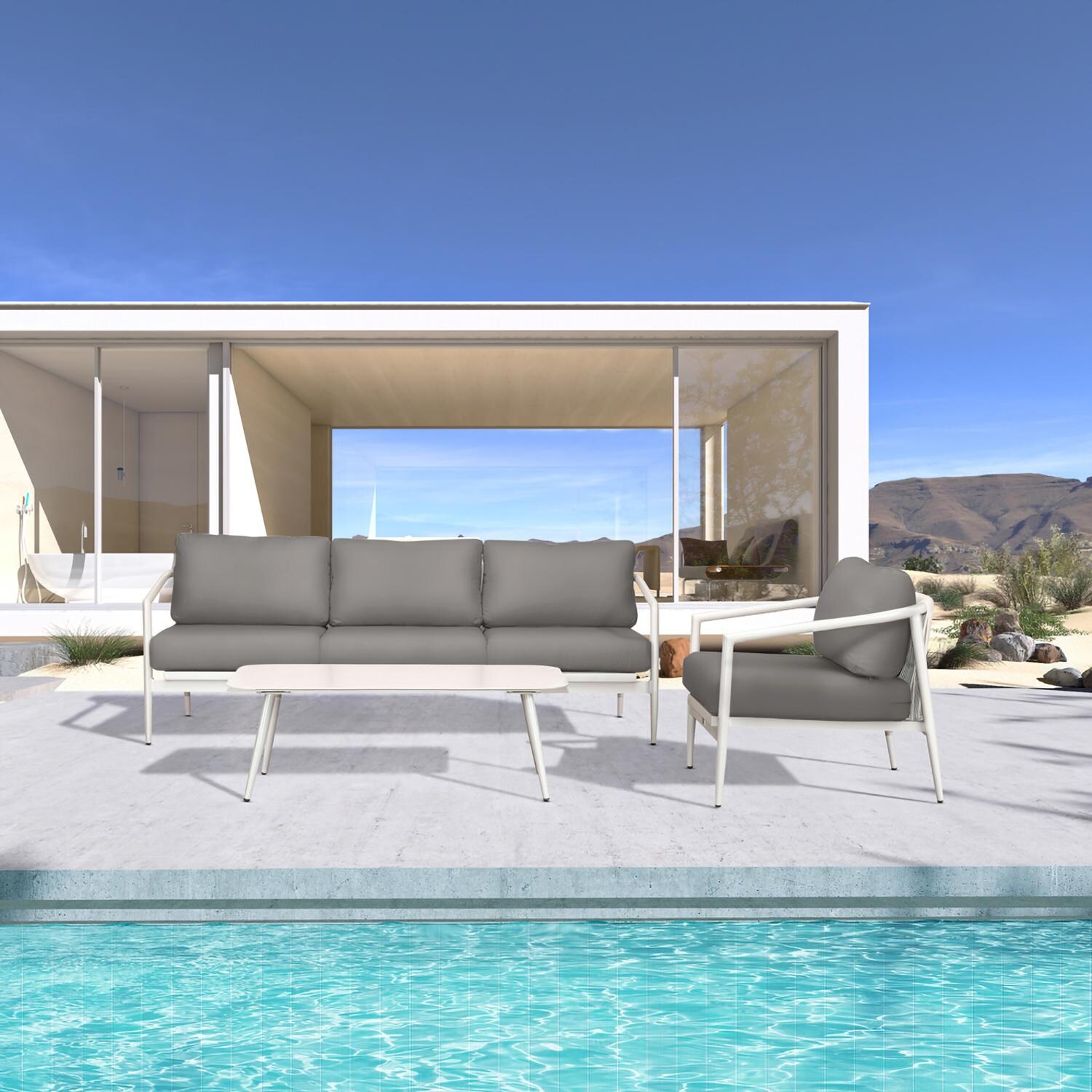 Midnight Cove 3 Pc Aluminum Seating Set in Urban Stone/Canvas Charcoal by Lakeview Outdoor Designs