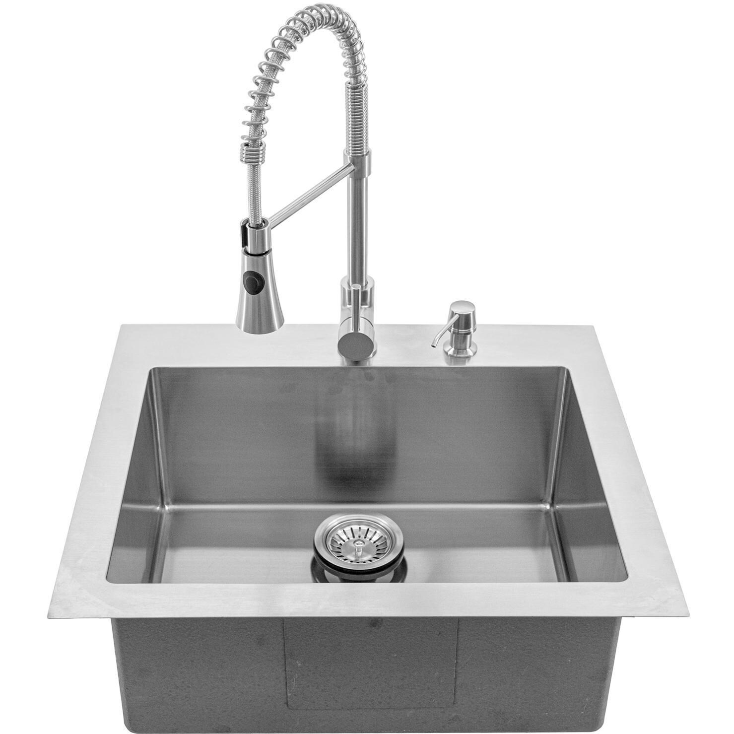 BBQGuys Signature 25 X 22 Outdoor Rated Stainless Steel Drop-In Sink W/ Pull-Down Coil Spring Hot/Cold Faucet, Soap Dispenser, & Strainer