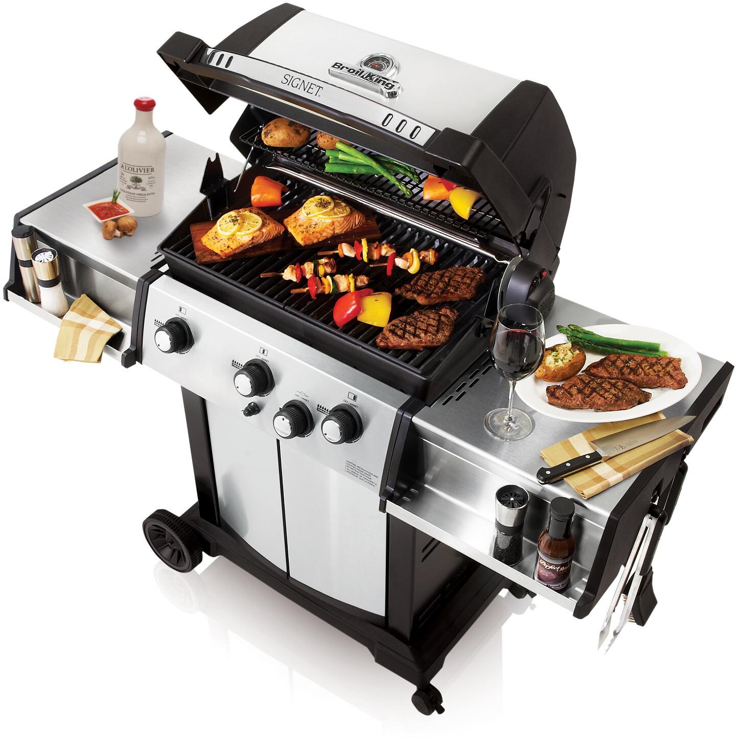 Broil King Signet 70 3-Burner Freestanding Gas Grill - Angled View With Food thumbnail