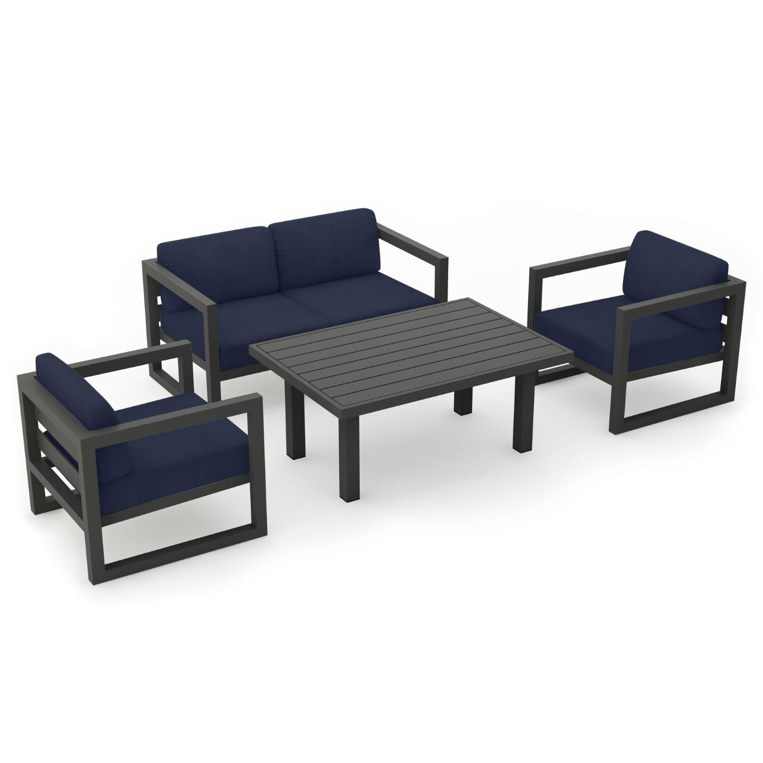 Lakeview MSTYCV-SL-SET114-IN Misty Cove 4 Pc Aluminum Seating Set in Slate w/Chat Table & Spectrum Indigo Cushions by Lakeview Outdoor Designs - Set Angled View - White Background thumbnail