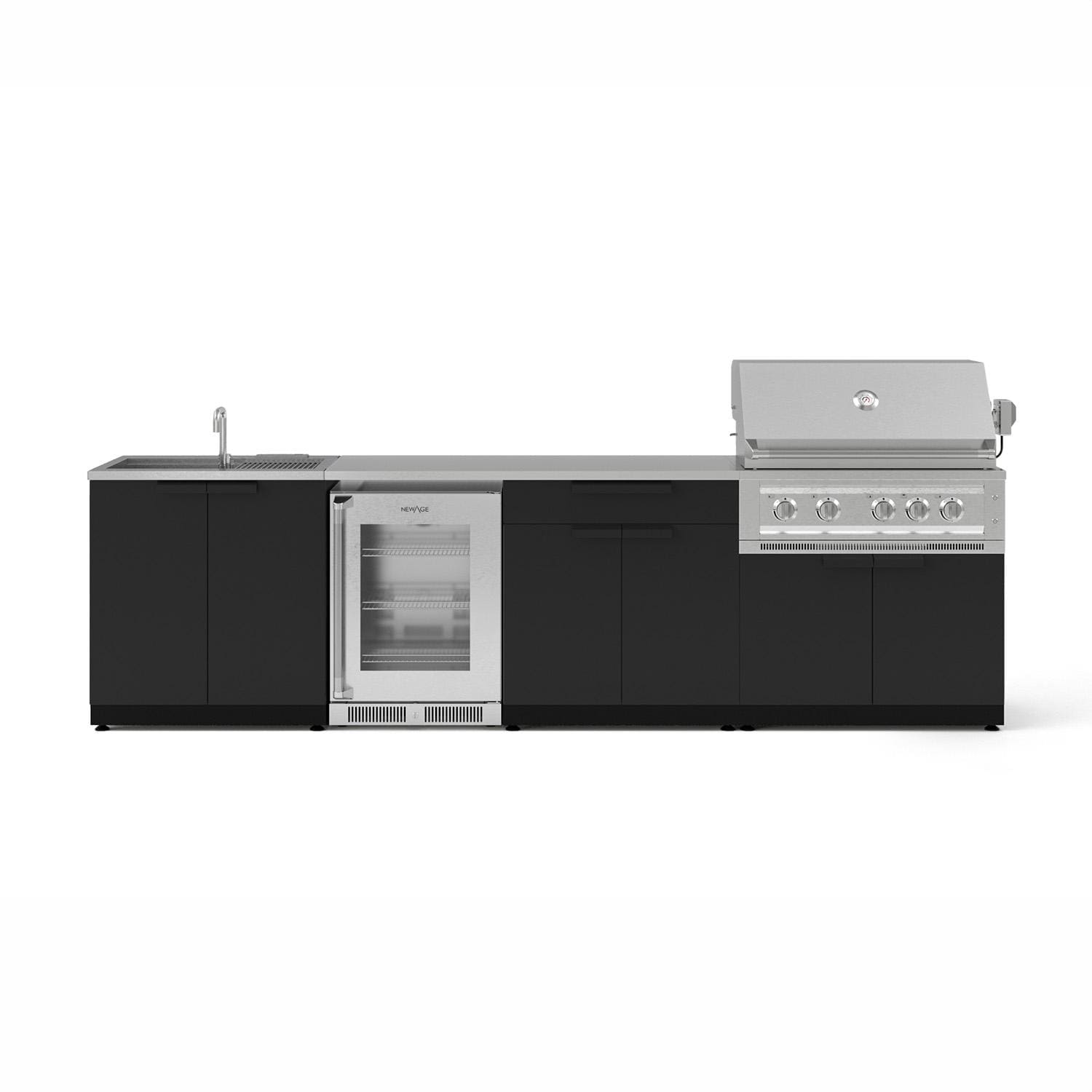 NewAge Products Classic Series 10 1/2 Ft Outdoor Kitchen Island w/ 36-in Natural Gas Grill, Sink, Glass Door Refrigerator, Trash Bin, Door & Drawer in Matte Black/Stainless Steel
