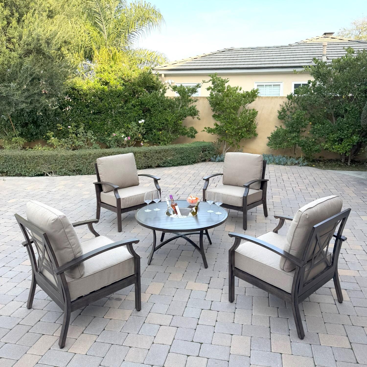 Atlantis 5 Pc Aluminum Seating Set w/ 4 Club Chairs & Ice Bucket in Walnut/Beige by Darlee