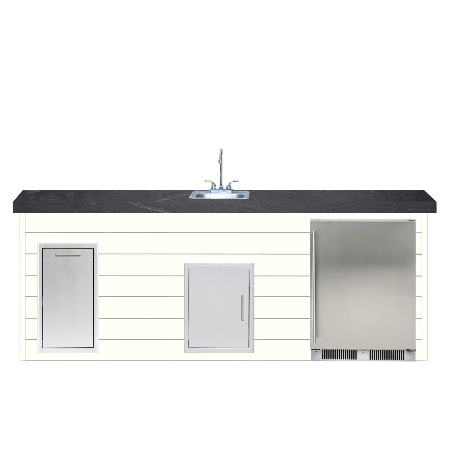 BBQGuys Signature 8ft Luxury Outdoor Island W/ Blaze Outdoor Rated Refrigerator & Summerset 15-Inch Sink - Canvas White Steel W/ Black Polished Granite thumbnail