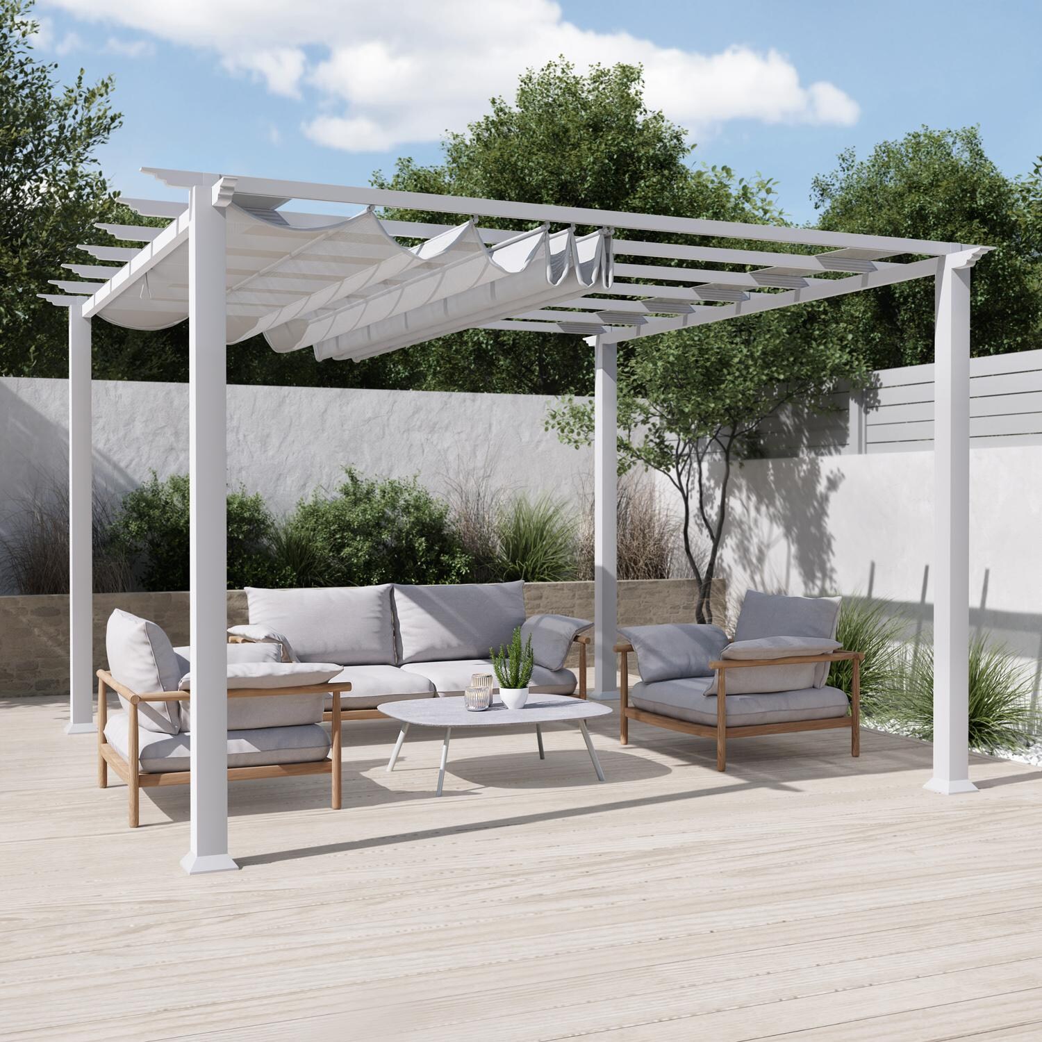 Paragon Outdoor PR11WTW Florence 11' x 11' White Pergola w/ White Canopy - On Patio - Lifestyle thumbnail