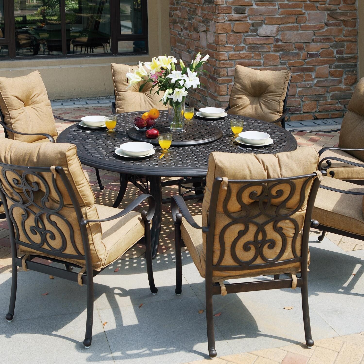 Santa Anita 9 Pc Cast Aluminum Patio Dining Set w/ Lazy Susan & Heather Beige Sunbrella Cushions By Darlee - Back Patio - Lifestyle thumbnail