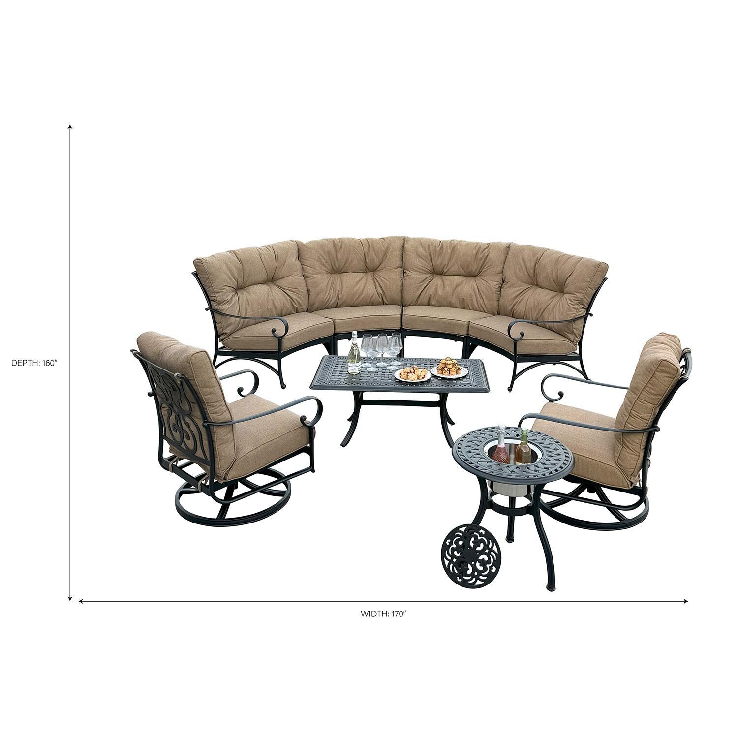 Santa Anita 8 Pc Cast Aluminum Seating Set w/ Swivel Rockers in Antique Bronze/Heather Beige by Darlee - Full Set - Dimensional thumbnail