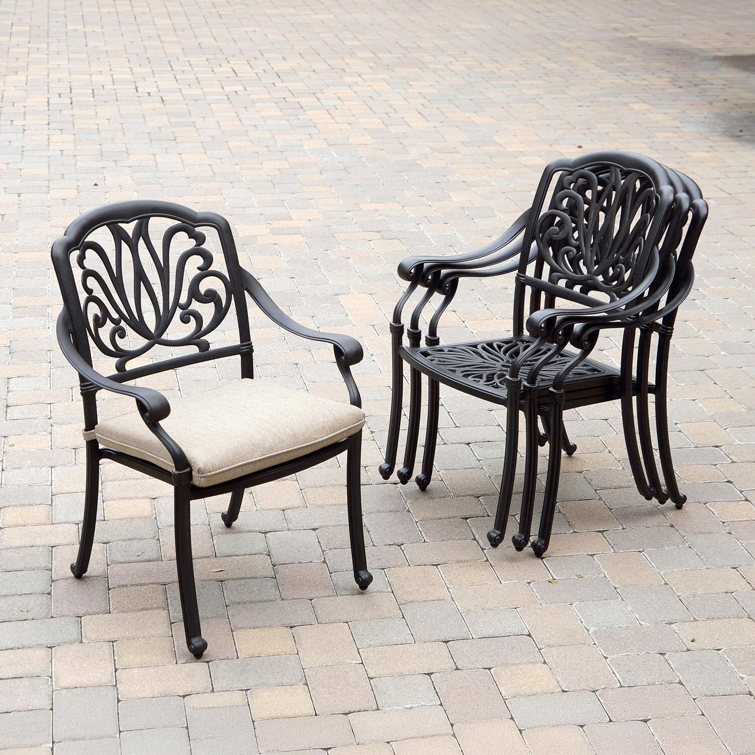 Darlee Elisabeth 7 Pc Cast Aluminum Dining Set w/ 60 Inch Series 30 Table in Antique Bronze/Beige - Chairs Stacked - Lifestyle thumbnail